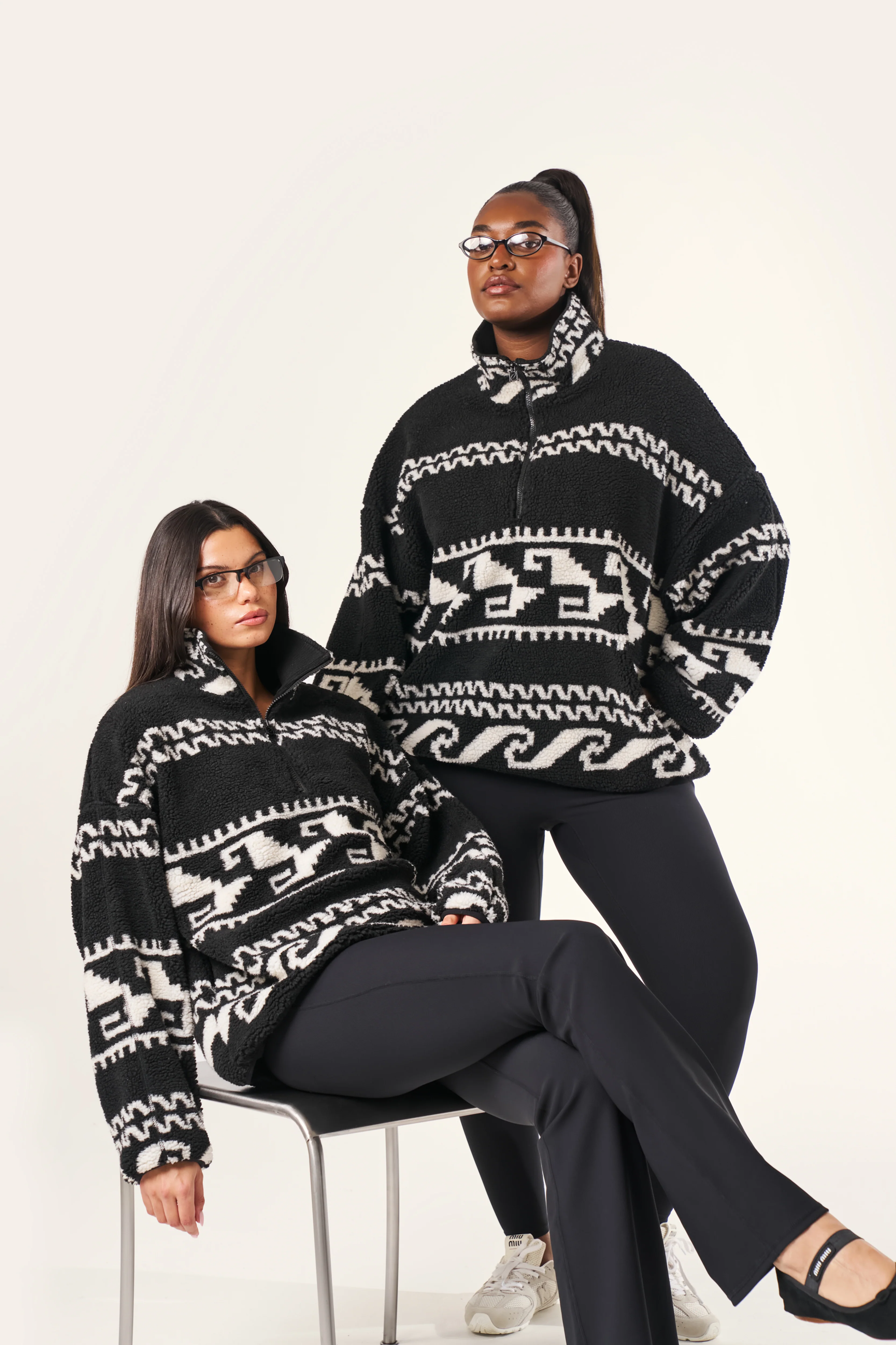 Aztec Detail Quarter Zip Borg Sweatshirt - Core Black - Image 3