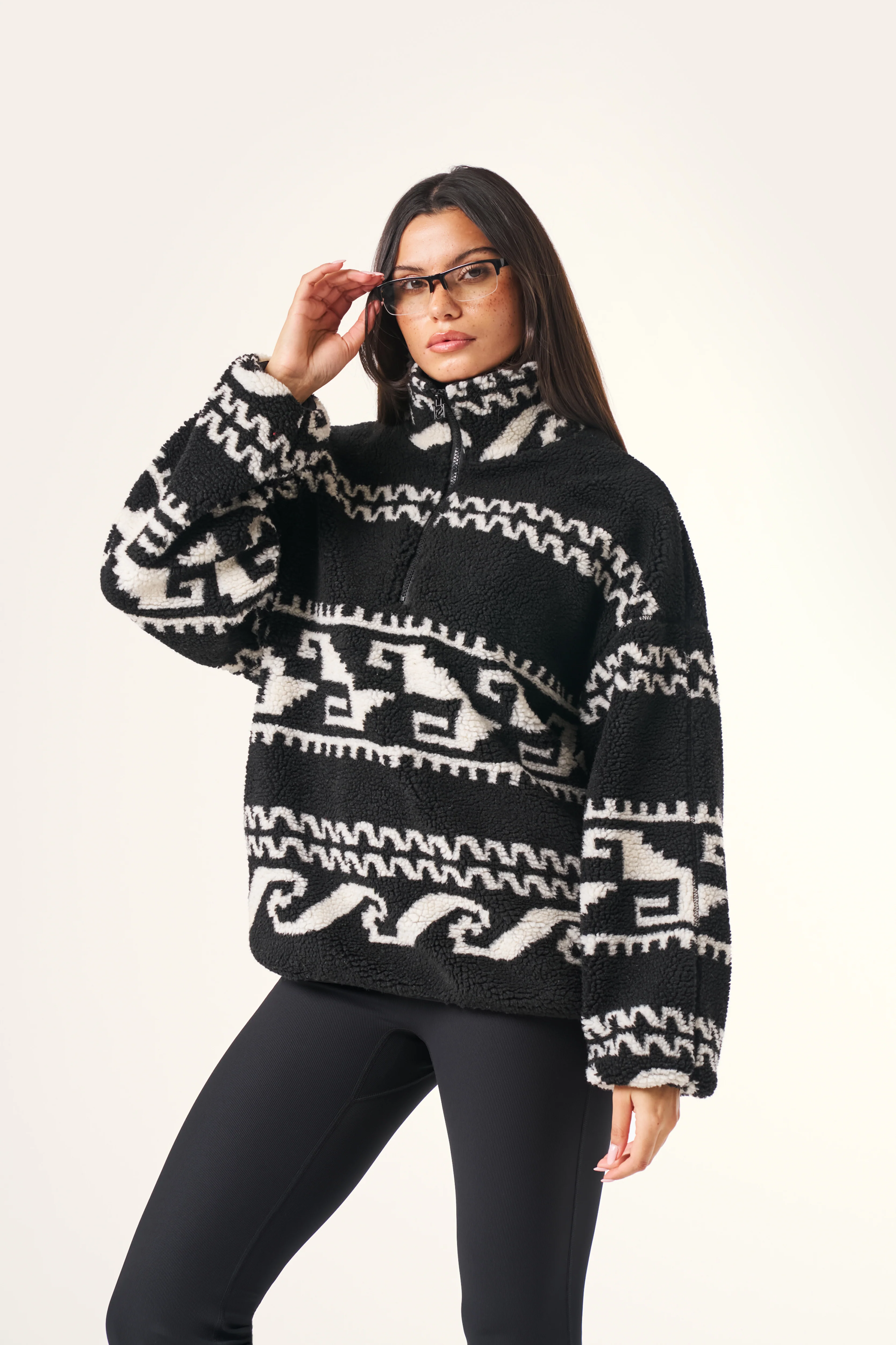 Aztec Detail Quarter Zip Borg Sweatshirt - Core Black - Image 4