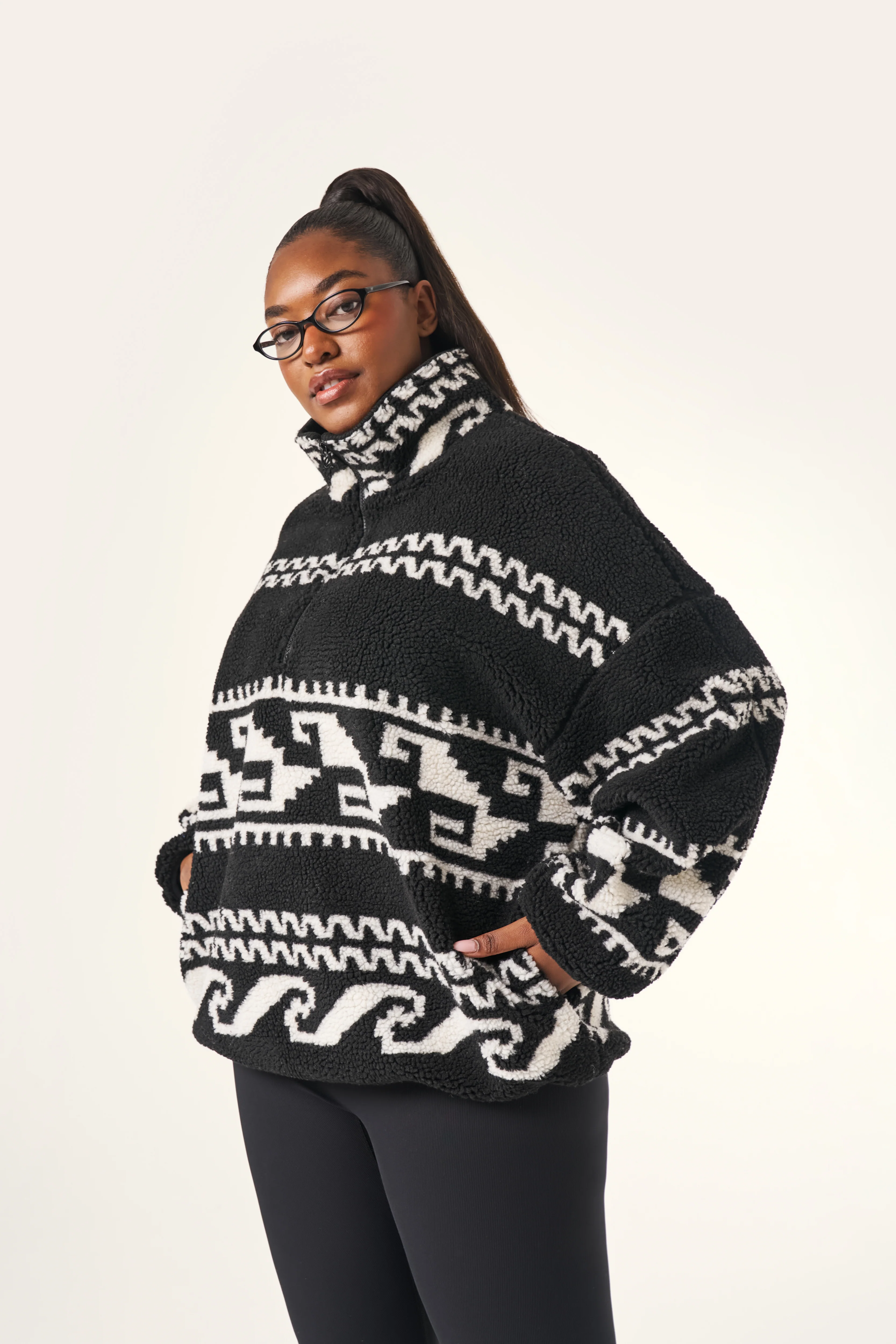 Aztec Detail Quarter Zip Borg Sweatshirt - Core Black - Image 6