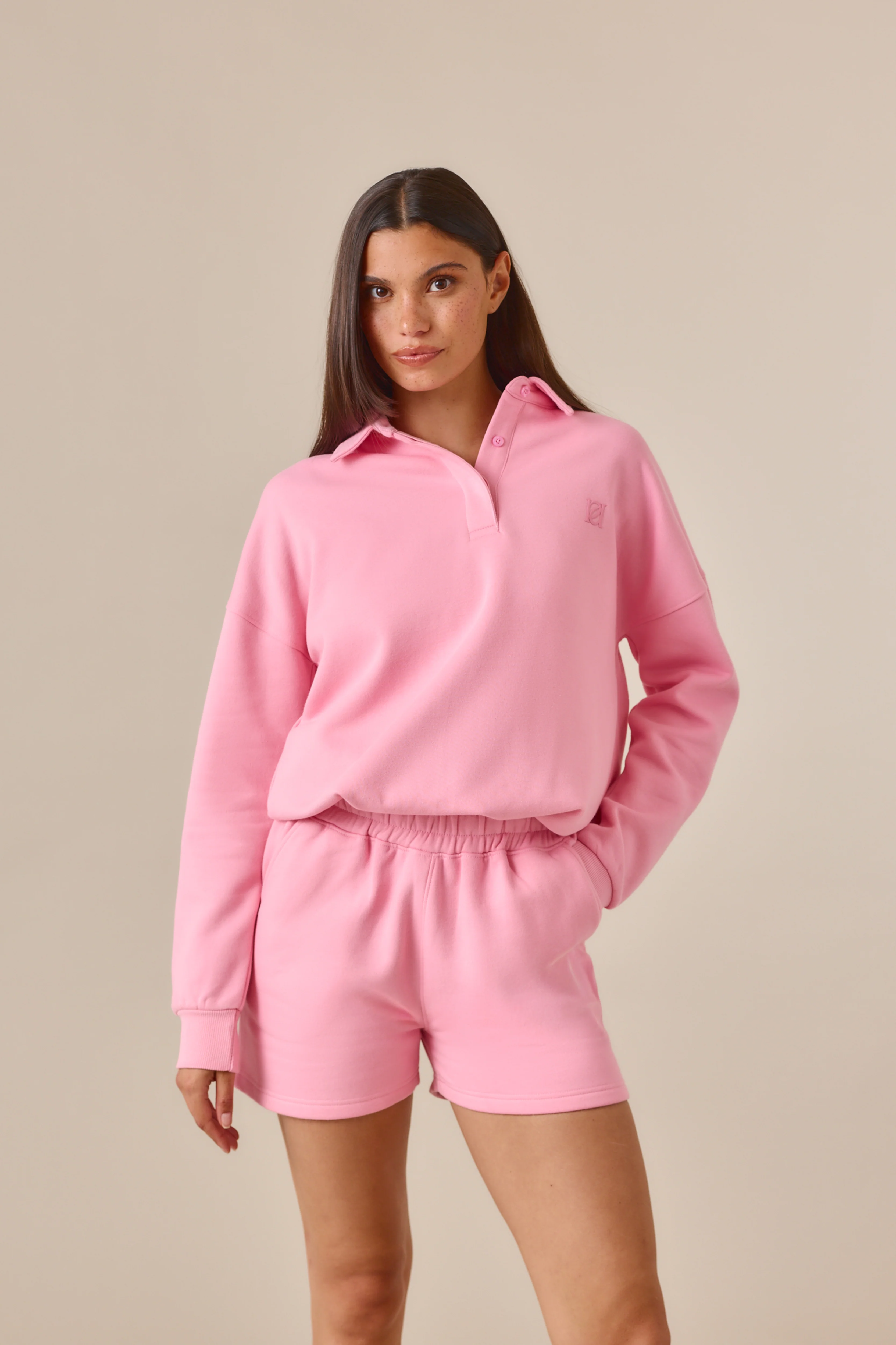 Button Front Collar 2 In 1 Short Tracksuit - Bubblegum Pink - Image 3