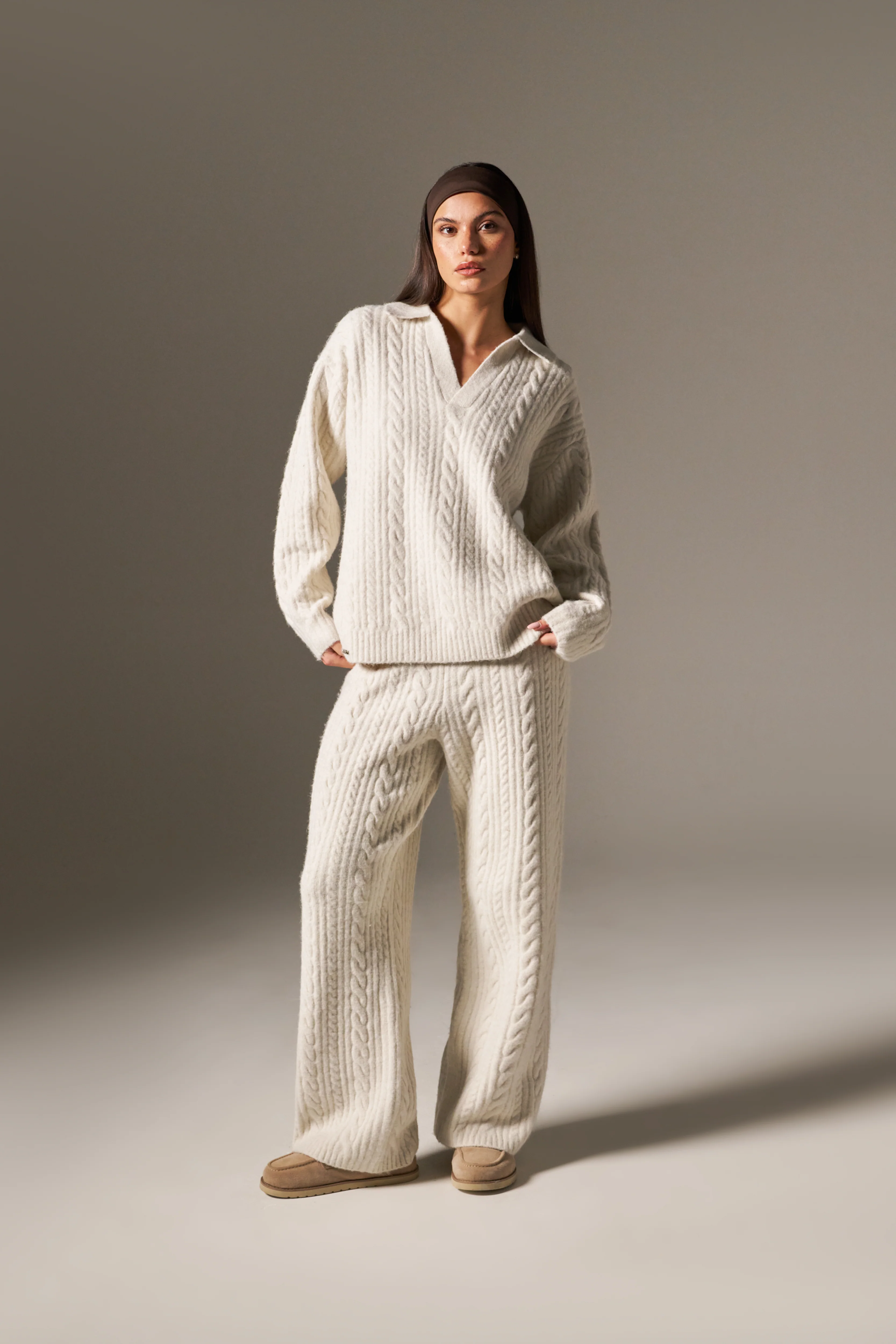 Cable Rugby Collar Knit Jumper - Crème - Image 3