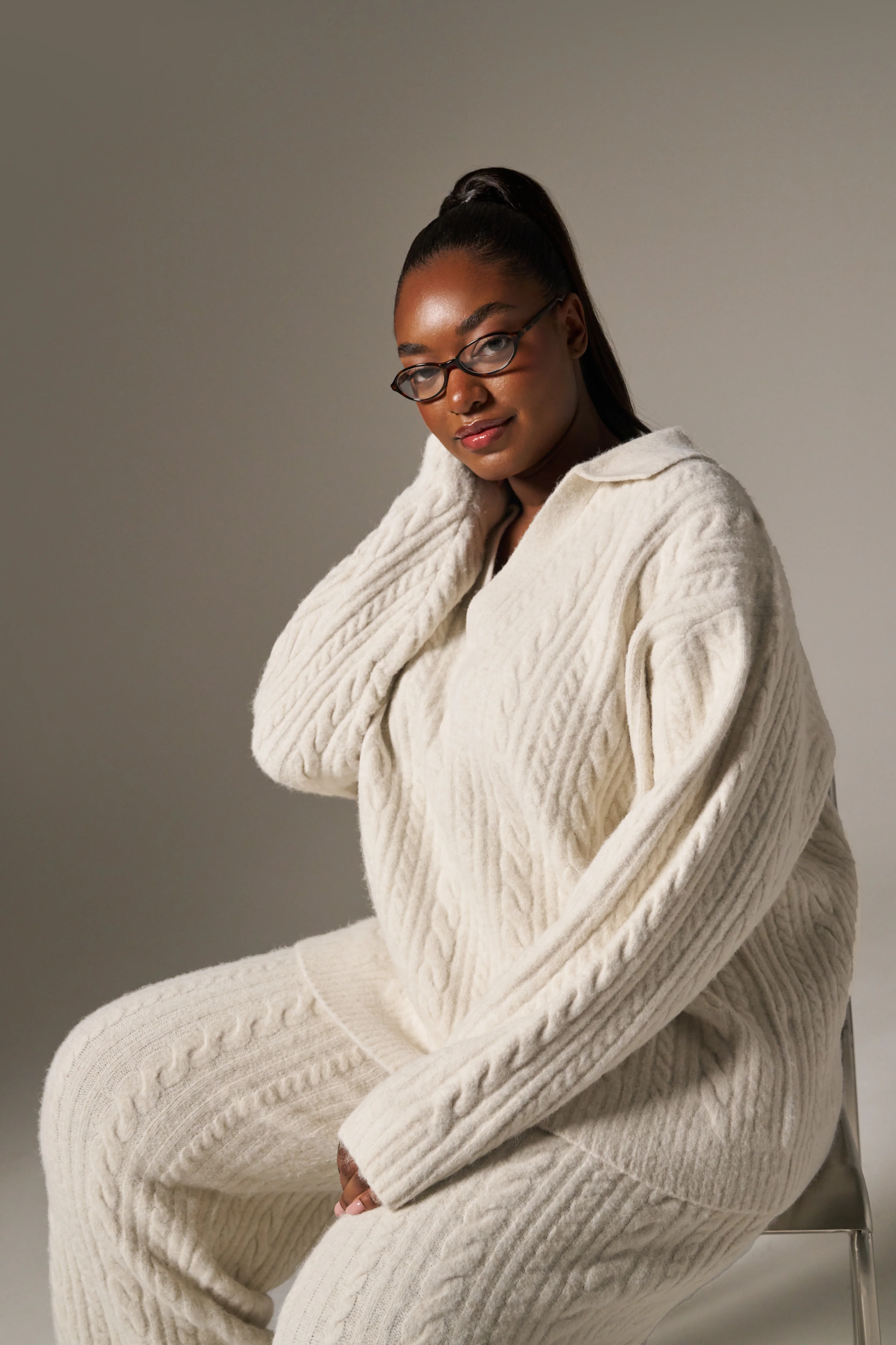 Cable Rugby Collar Knit Jumper - Crème - Image 7