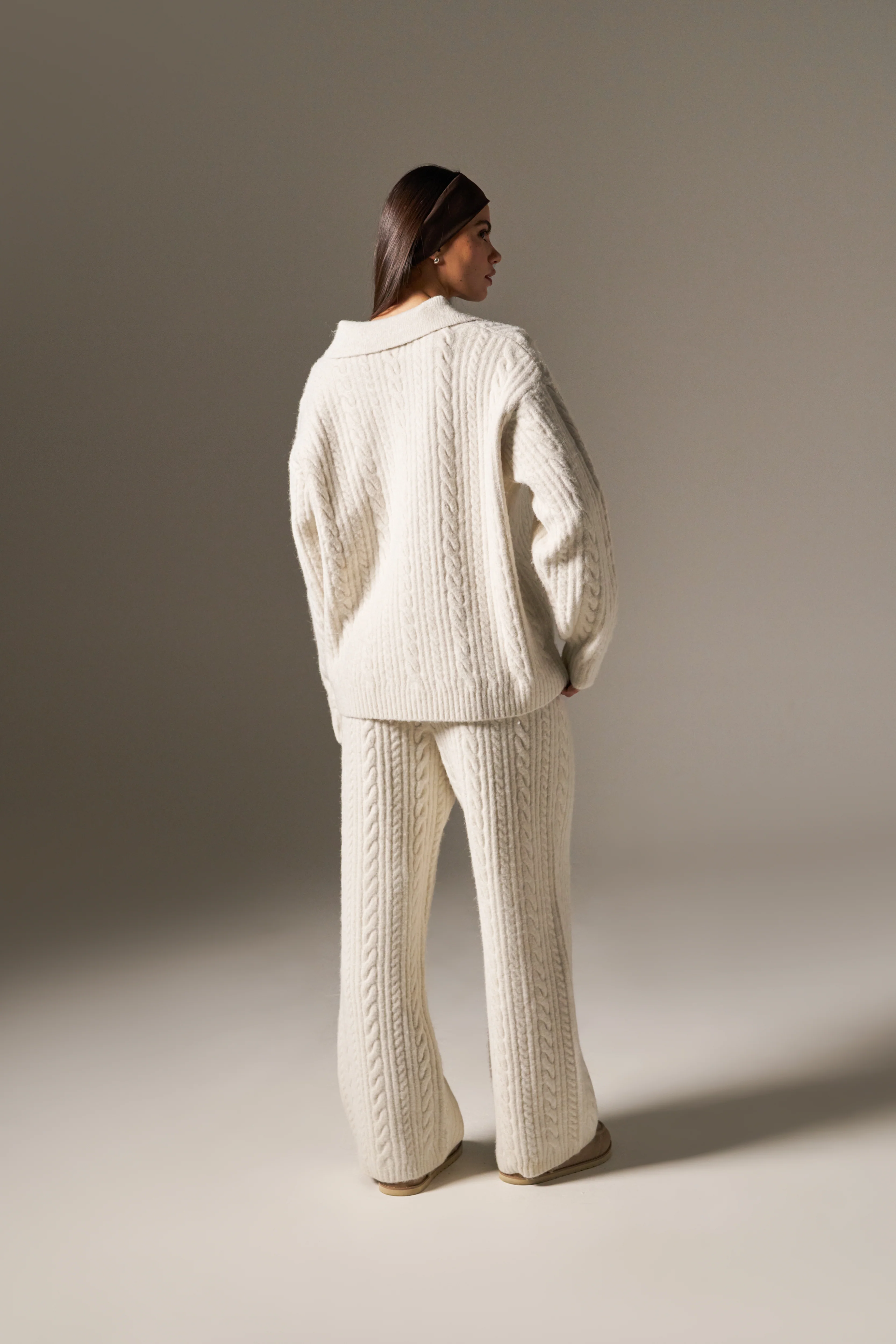 Cable Wide Leg Knit Trousers - Crème - Image 3