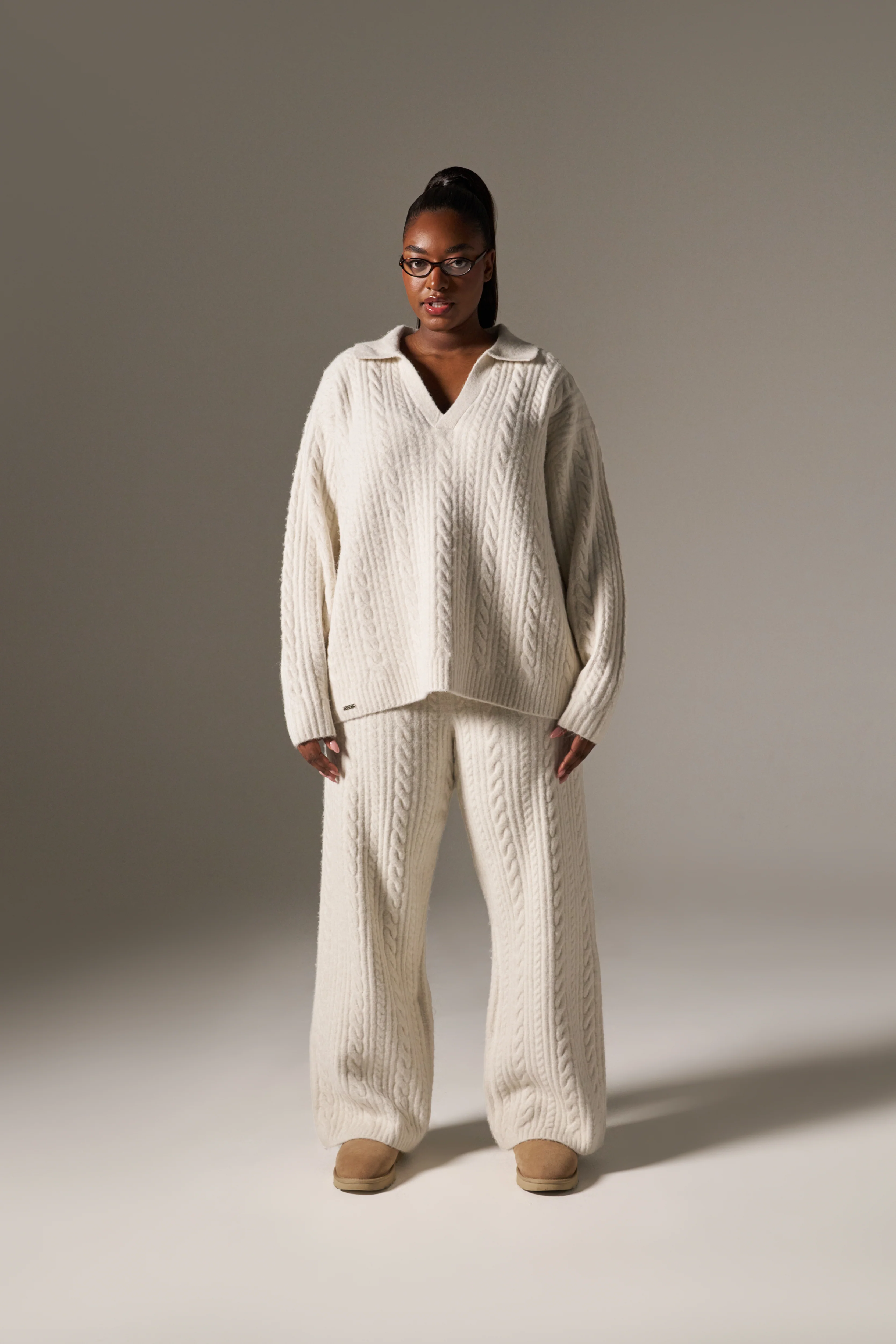 Cable Wide Leg Knit Trousers - Crème - Image 8