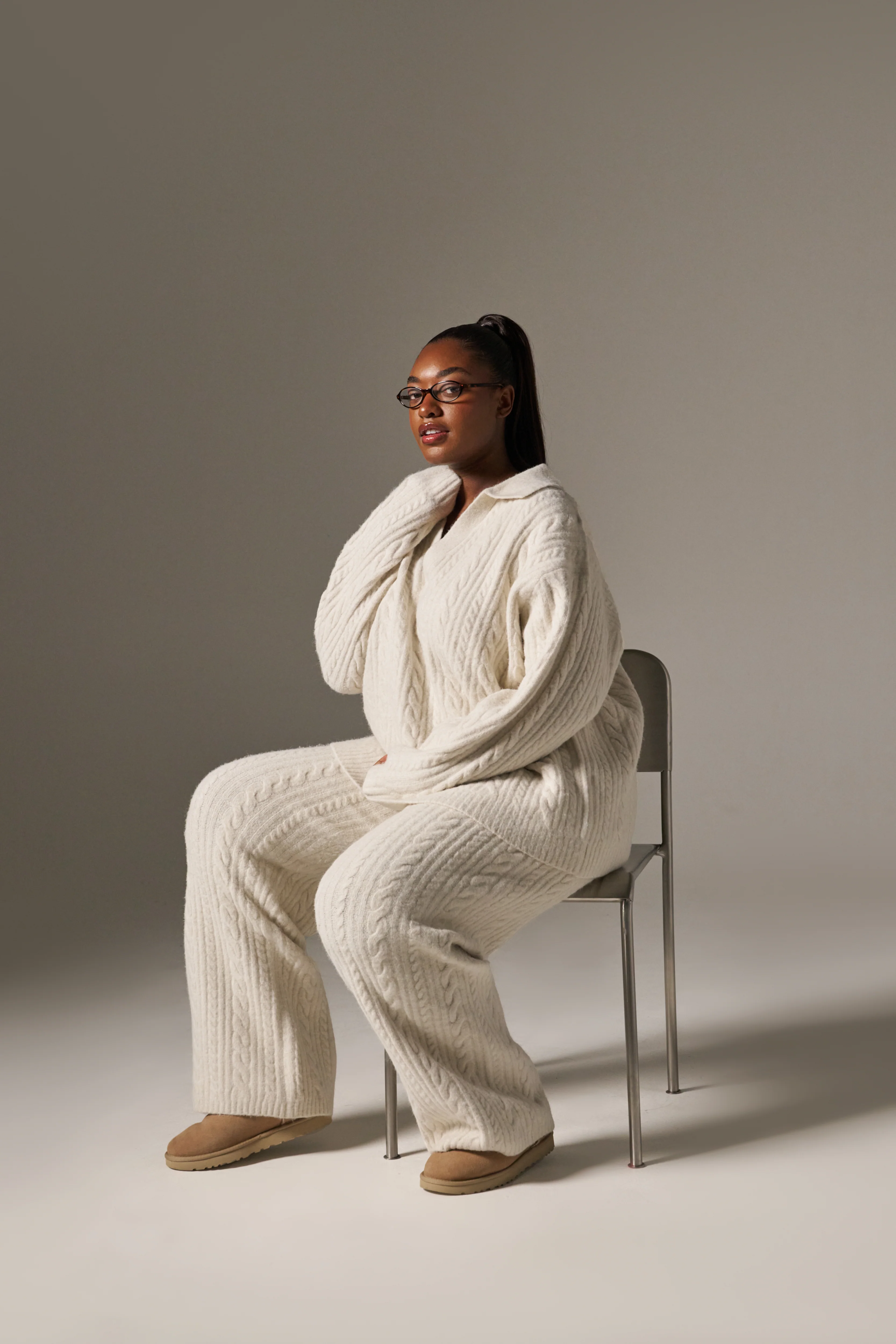 Cable Wide Leg Knit Trousers - Crème - Image 9