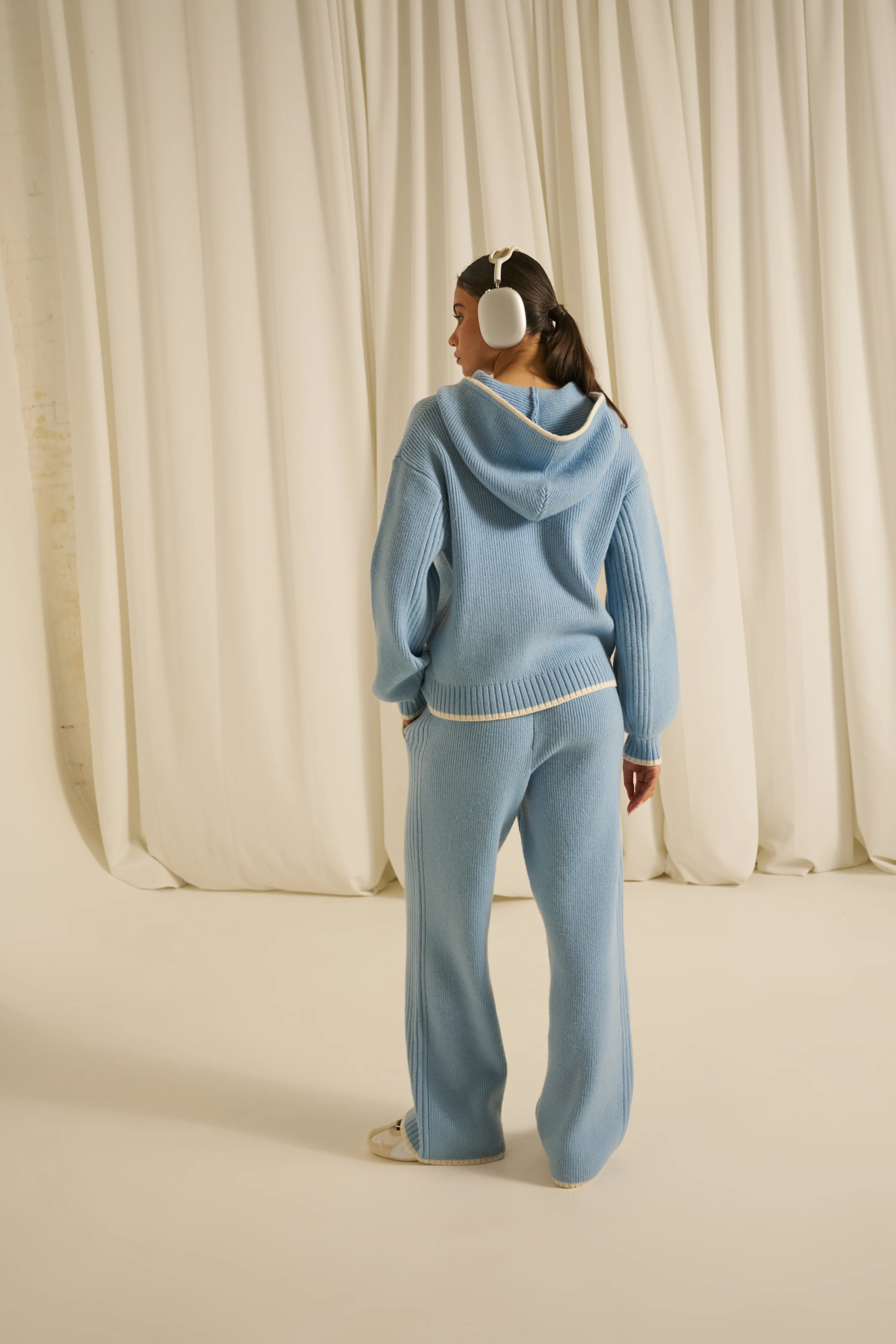 Contrast Tipping High Waist Knitted Trousers - Powder Blue - Image 5