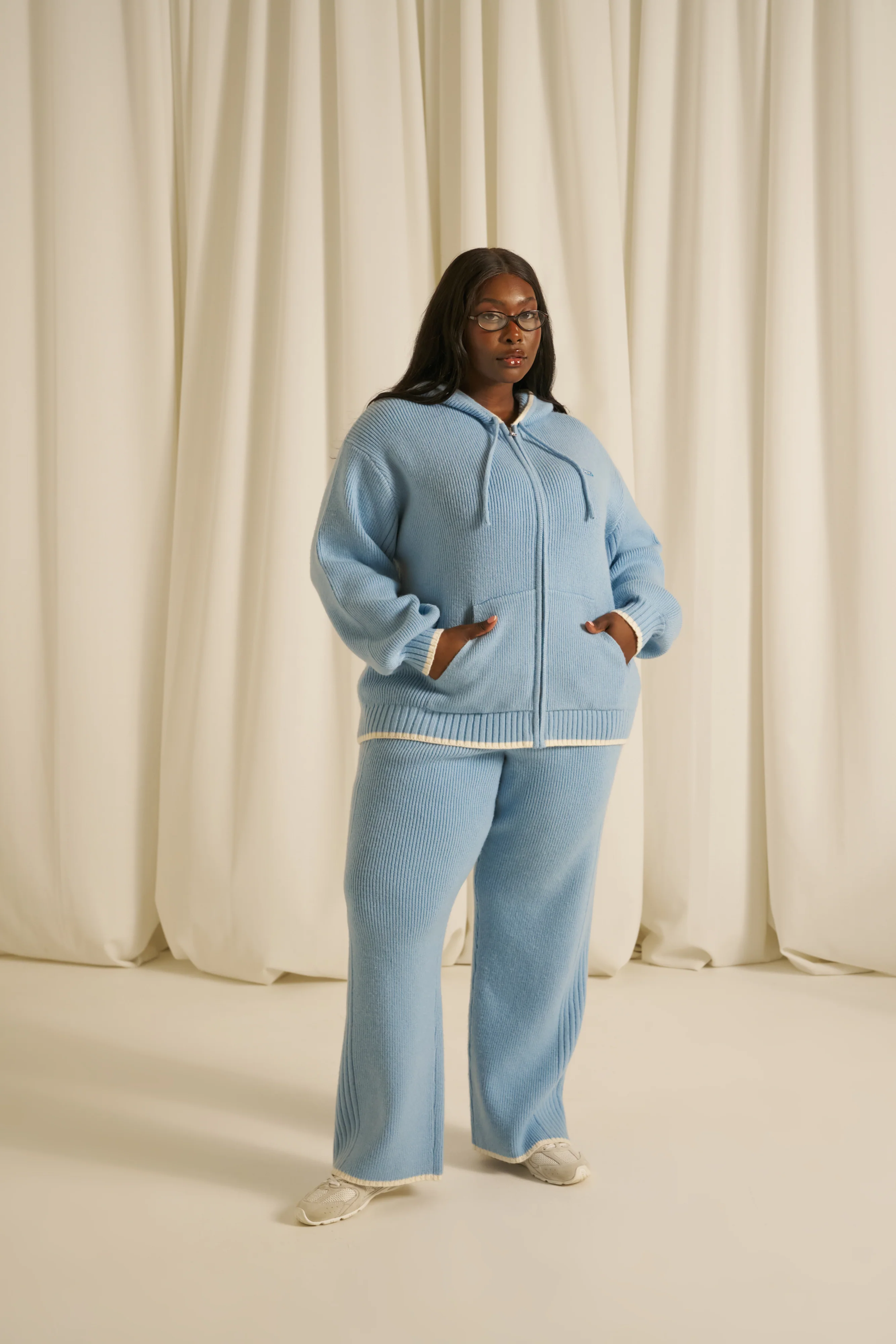 Contrast Tipping High Waist Knitted Trousers - Powder Blue - Image 7