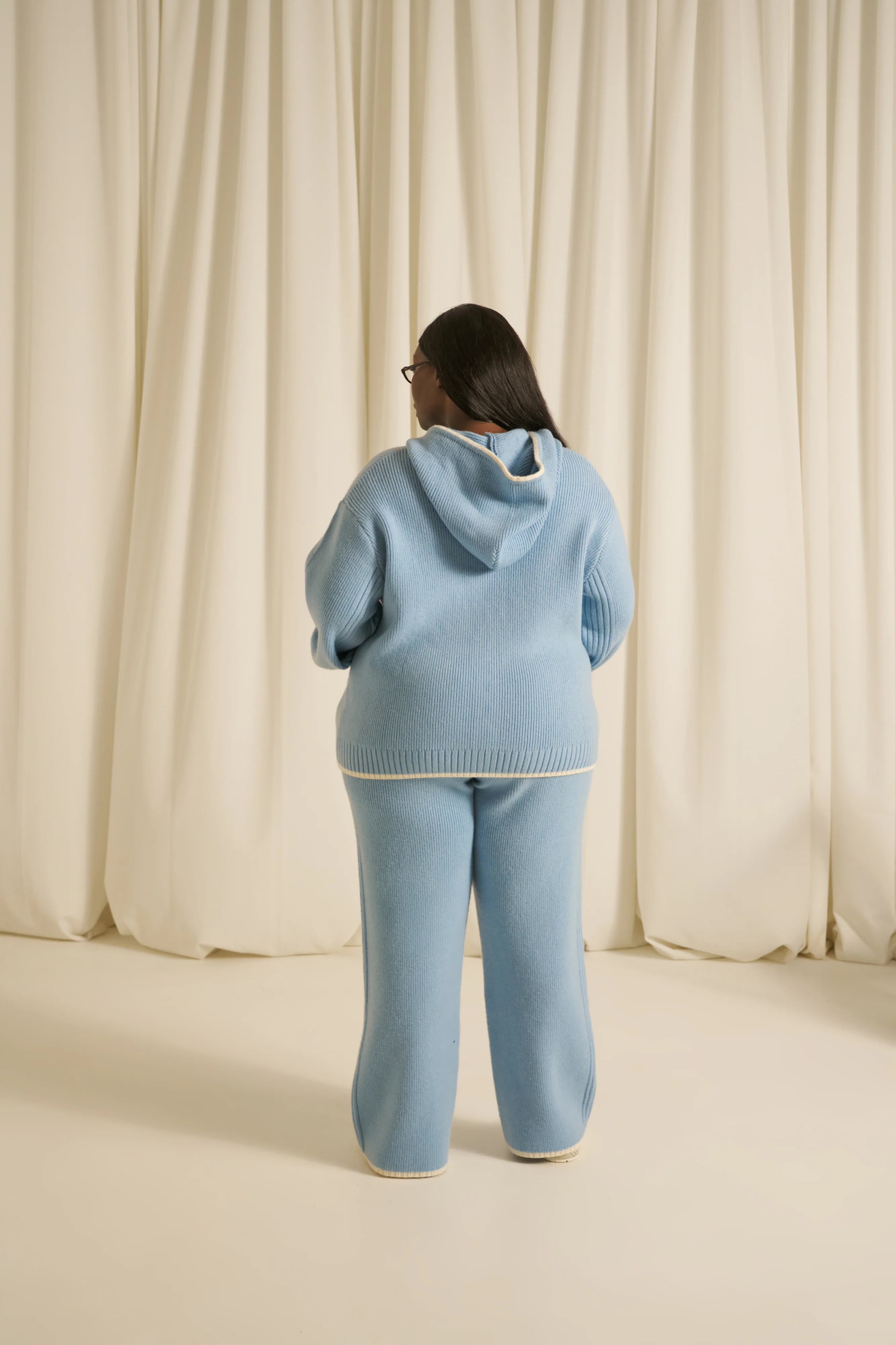 Contrast Tipping High Waist Knitted Trousers - Powder Blue - Image 8