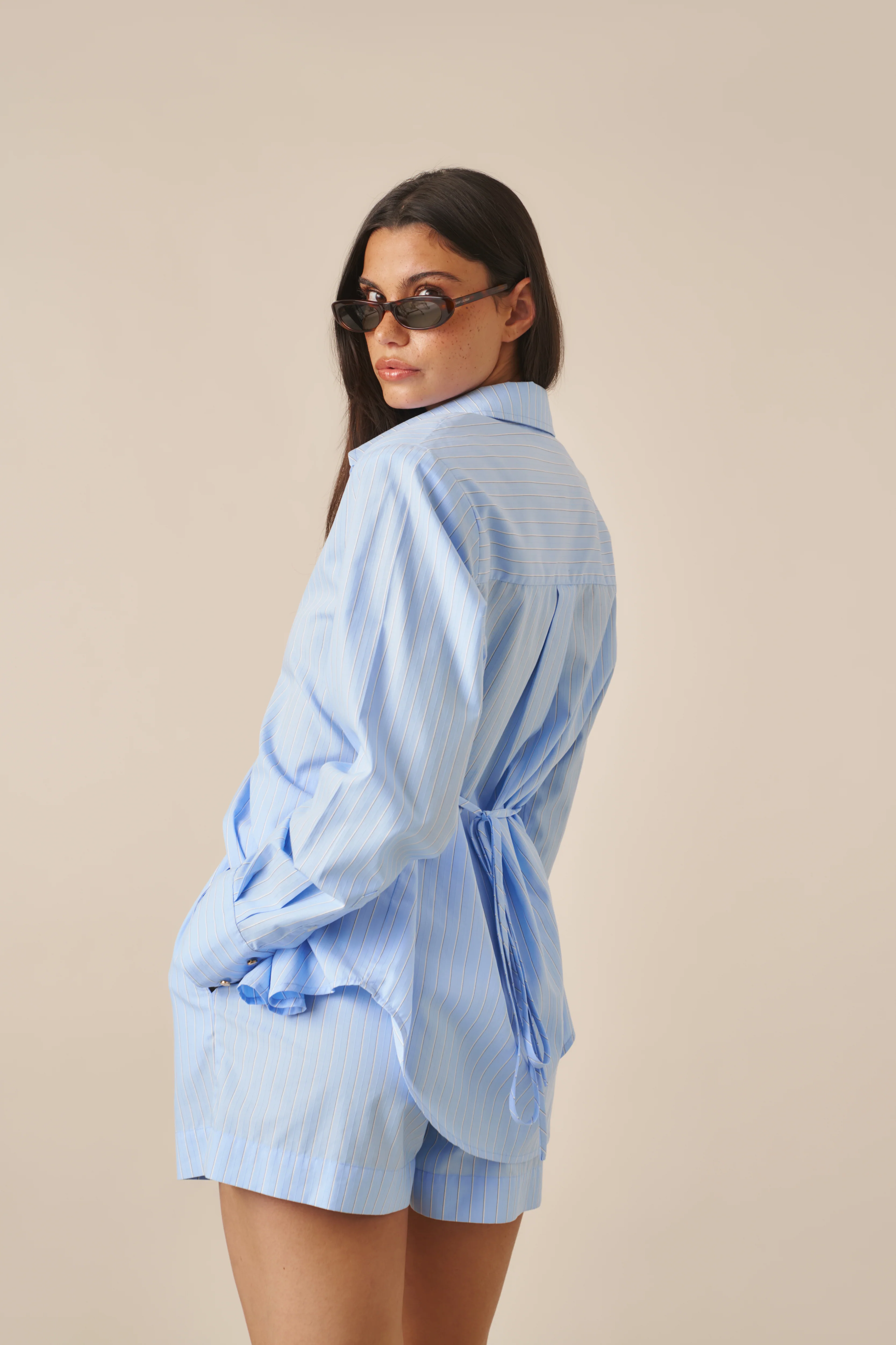 Crease Resistant Cotton Poplin High Waist Shorts - Powder Blue - Image 3