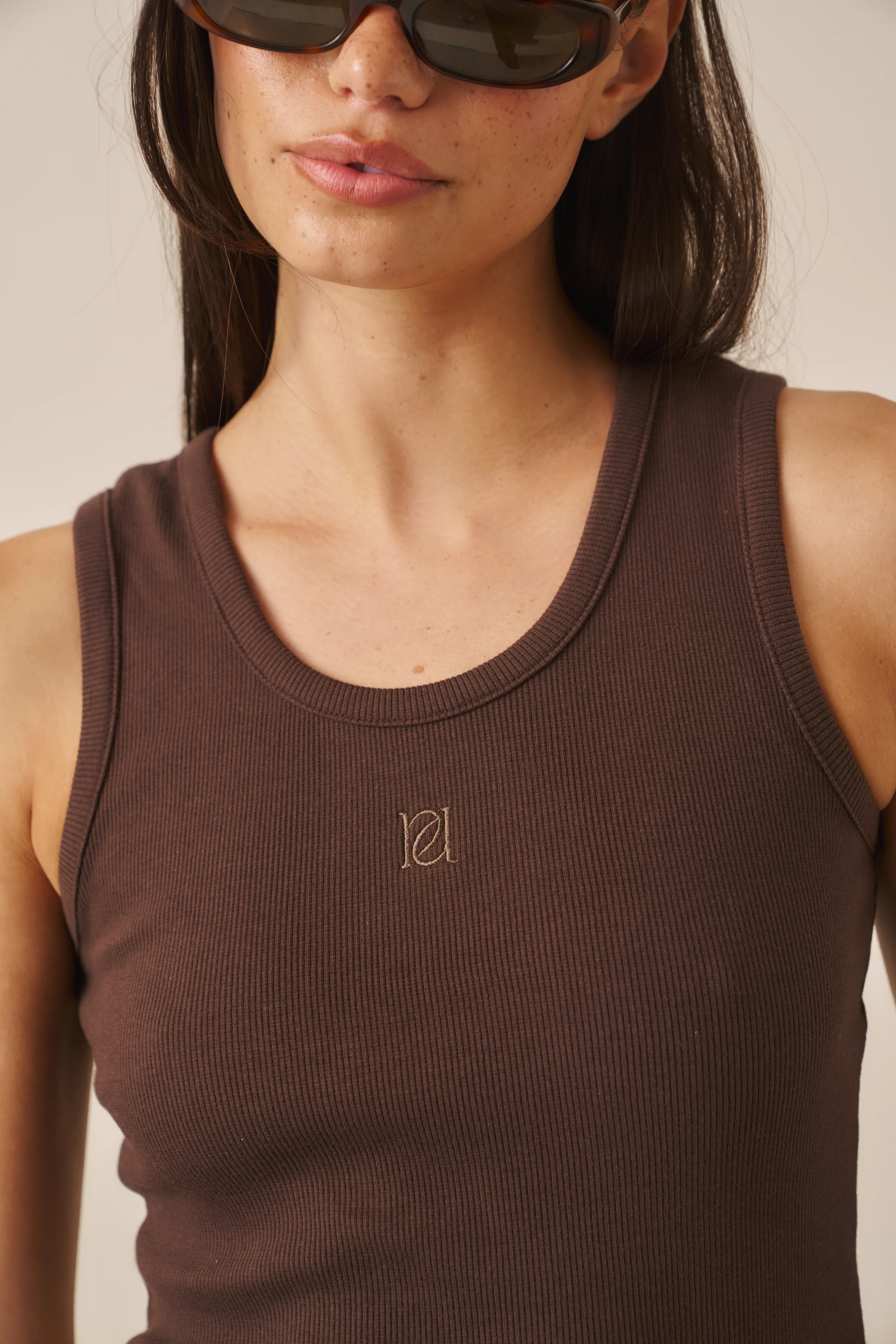 Ribbed Emblem Vest Top - Espresso - Image 4