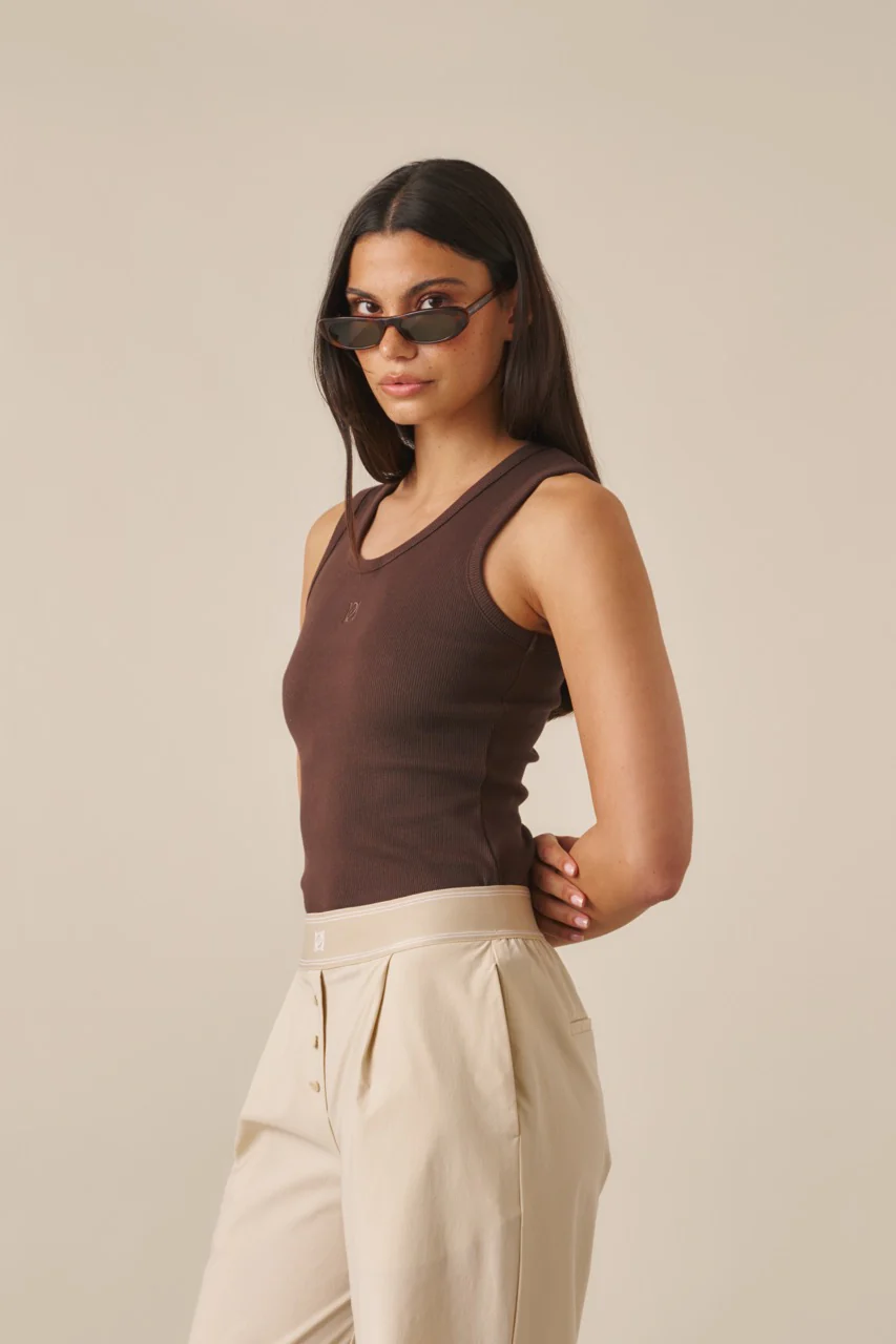 Ribbed Emblem Vest Top - Espresso - Image 5
