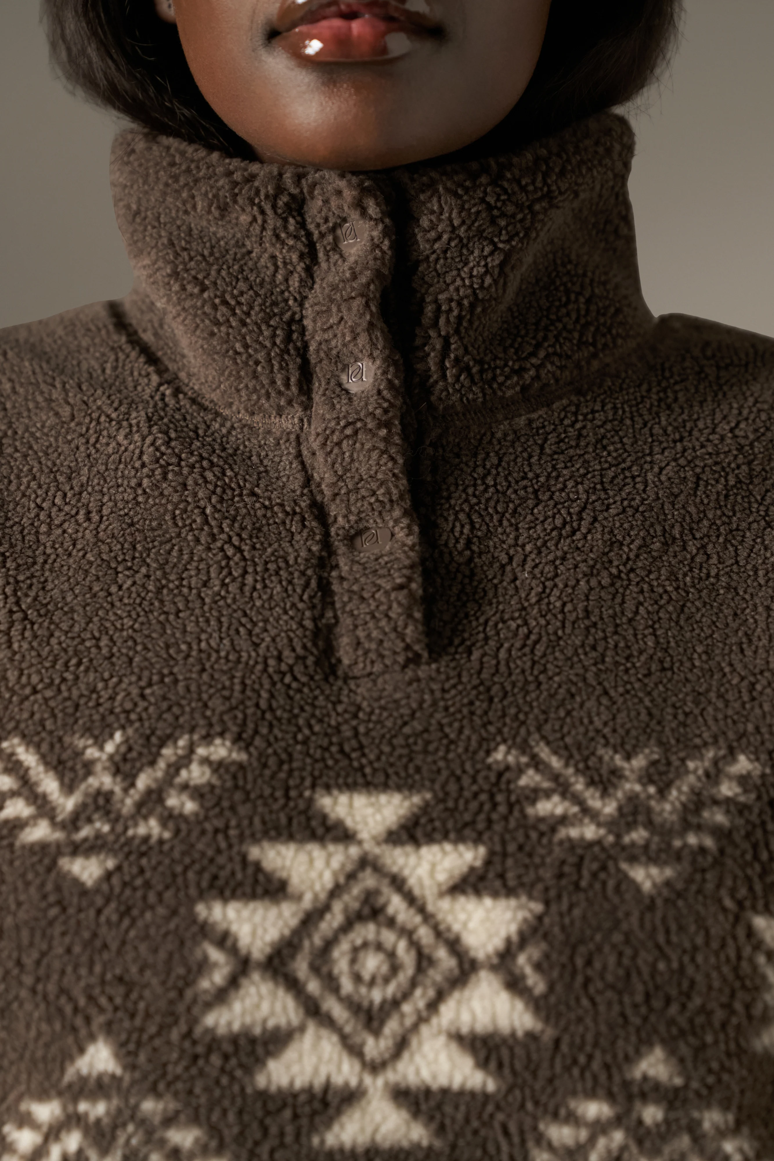 Fairisle Popper Detail Borg Sweatshirt - Cocoa - Image 10