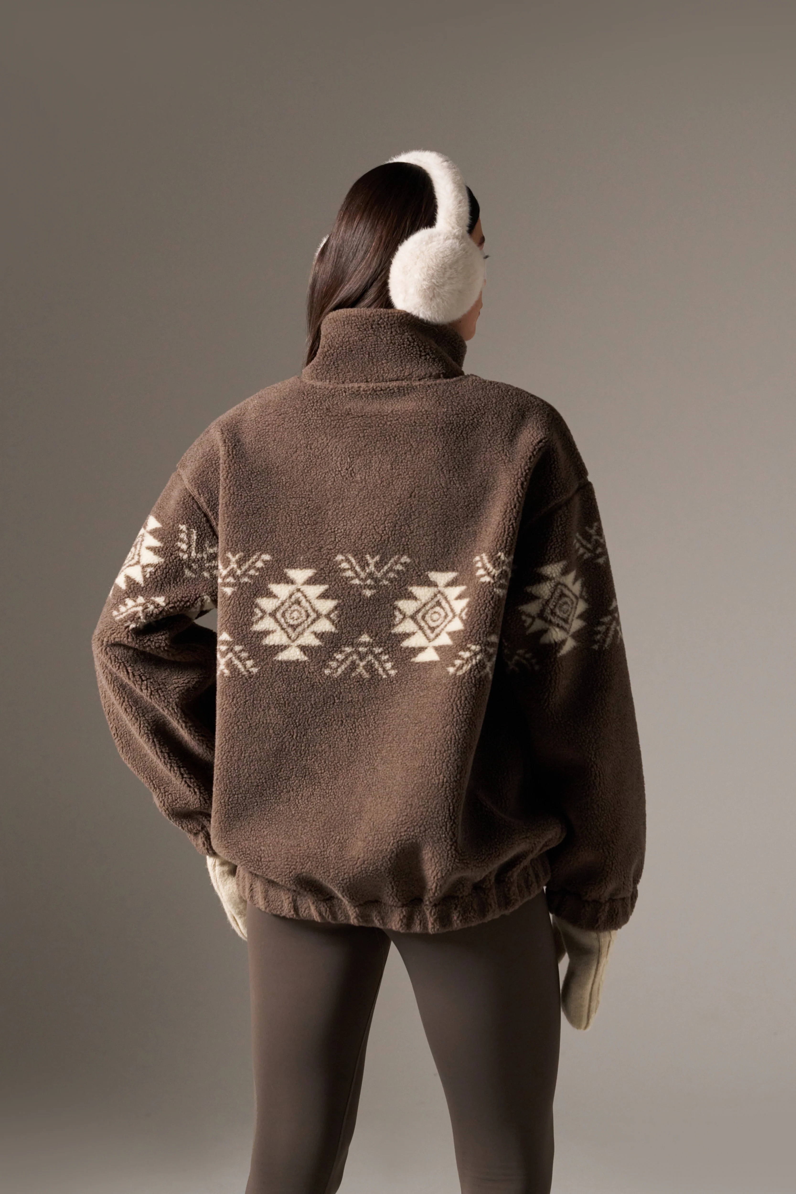 Fairisle Popper Detail Borg Sweatshirt - Cocoa - Image 6