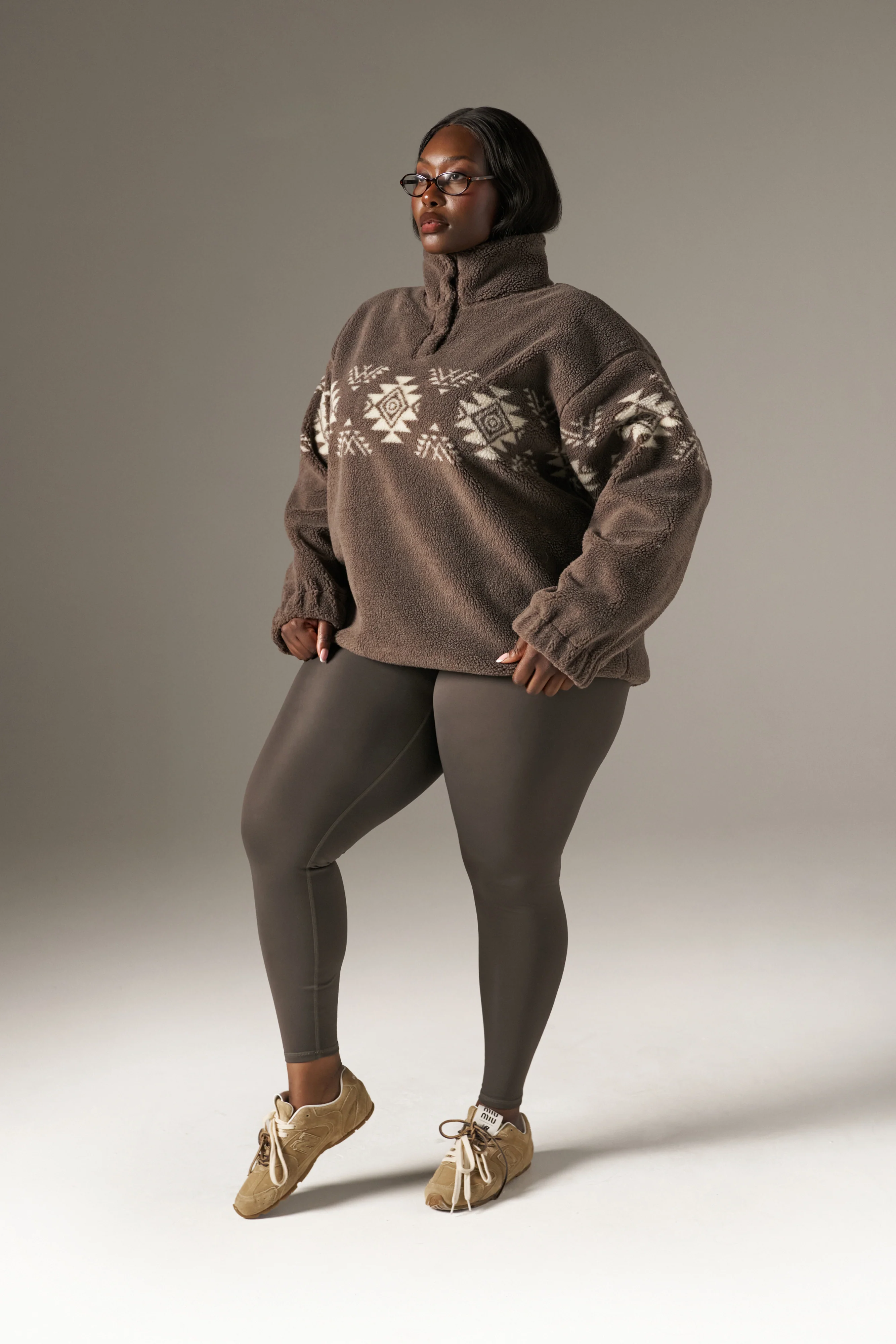 Fairisle Popper Detail Borg Sweatshirt - Cocoa - Image 8