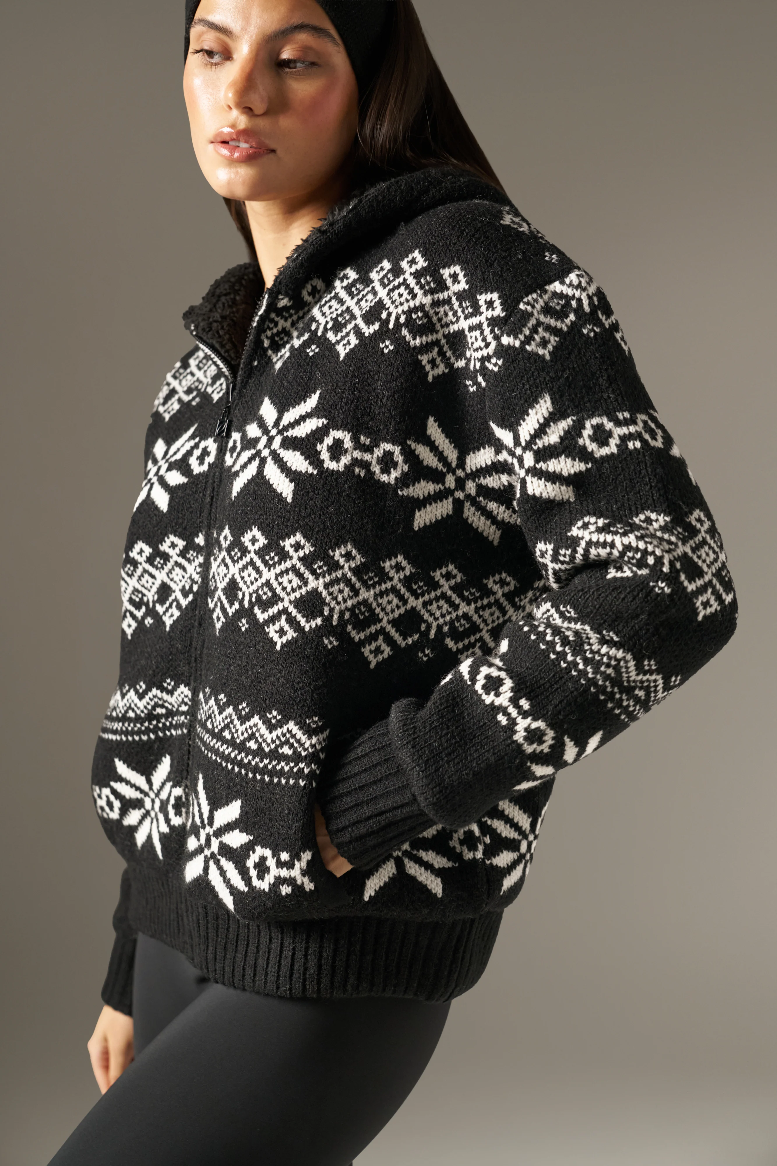 Fairisle Reversible Zip Through Knitted Hoodie - Core Black - Image 4