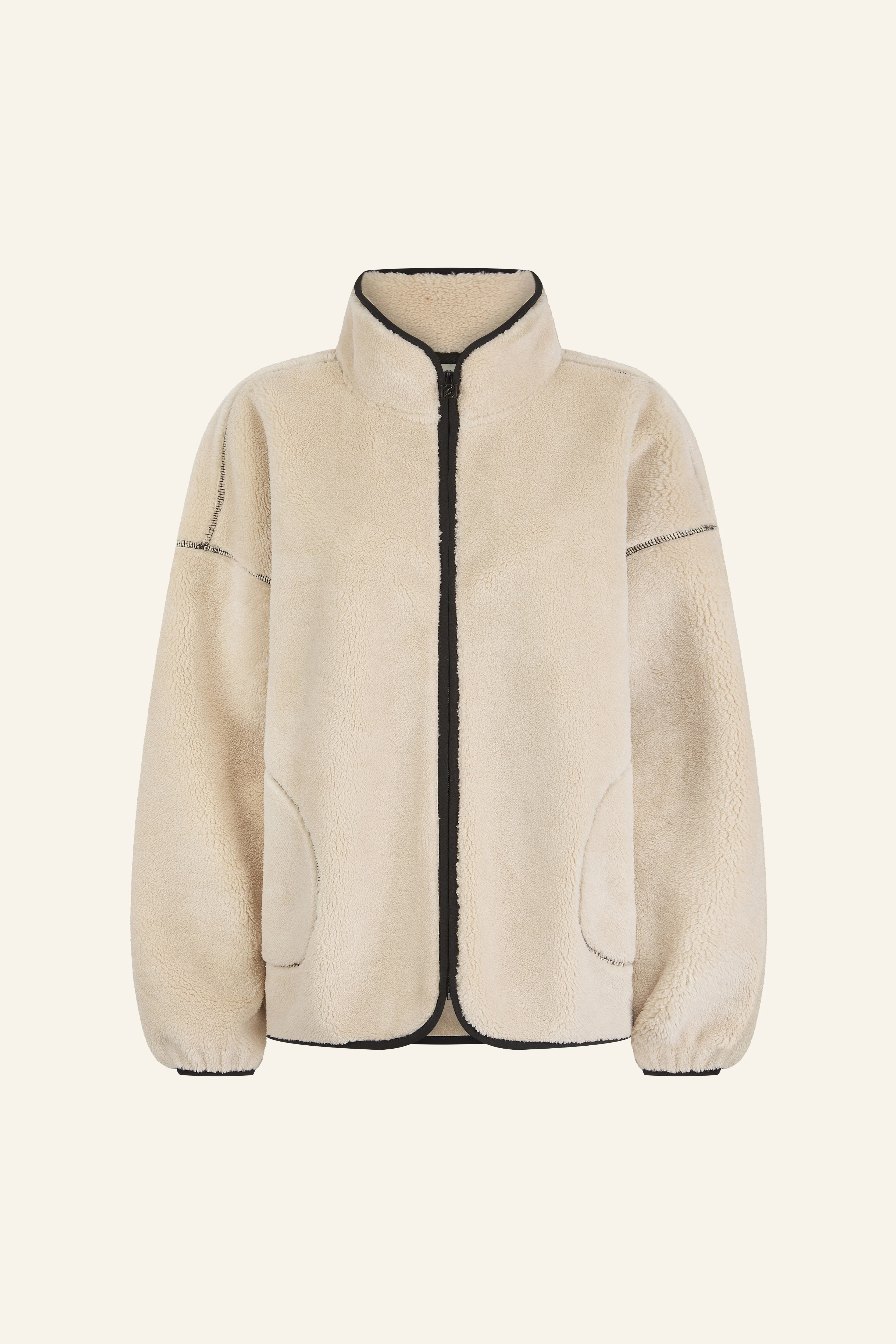 Oversized Contrast Seam Zip Through Borg Jacket - Crème - Image 11