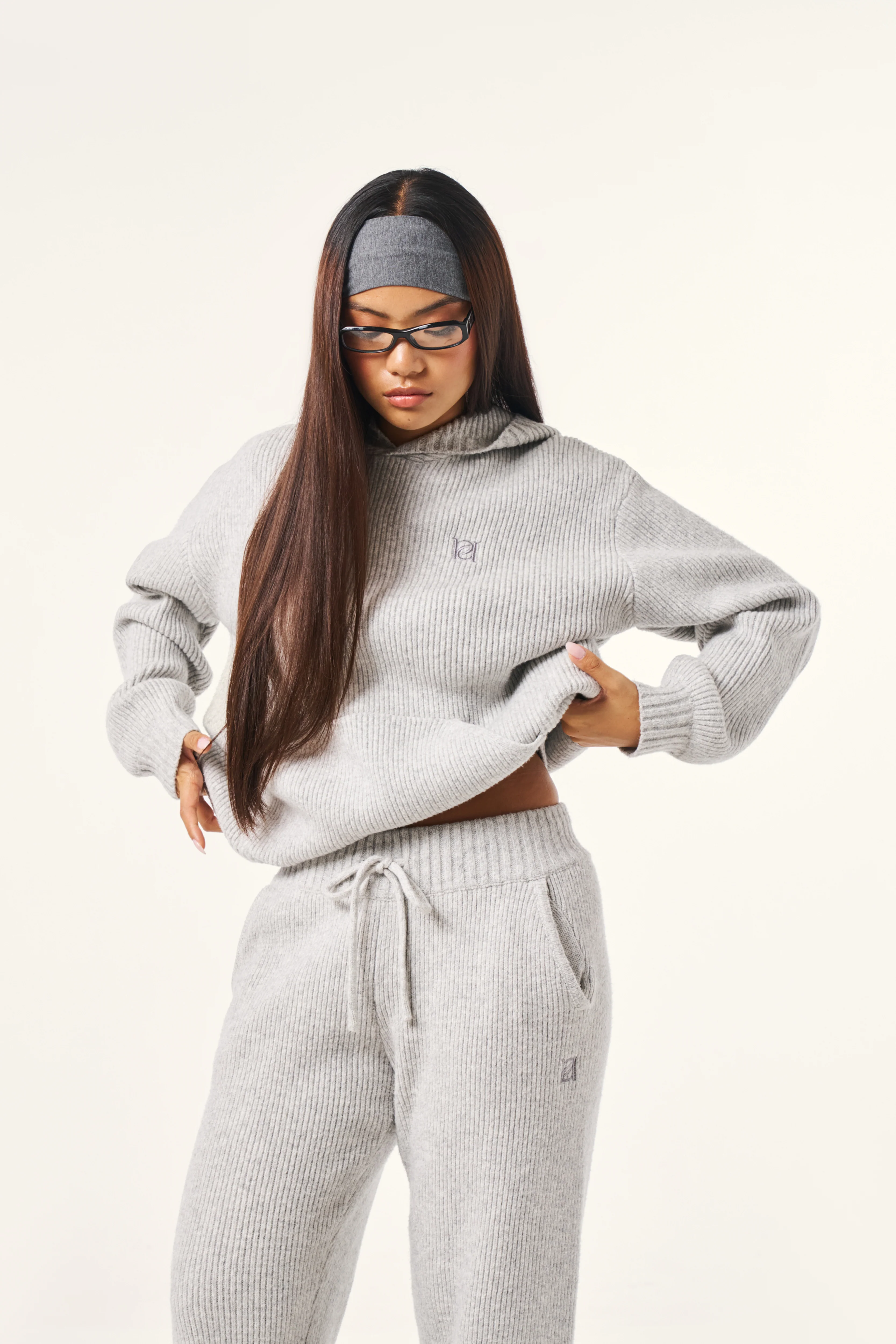 Oversized Premium Knitted Hoodie - Grey Marl - Image 3