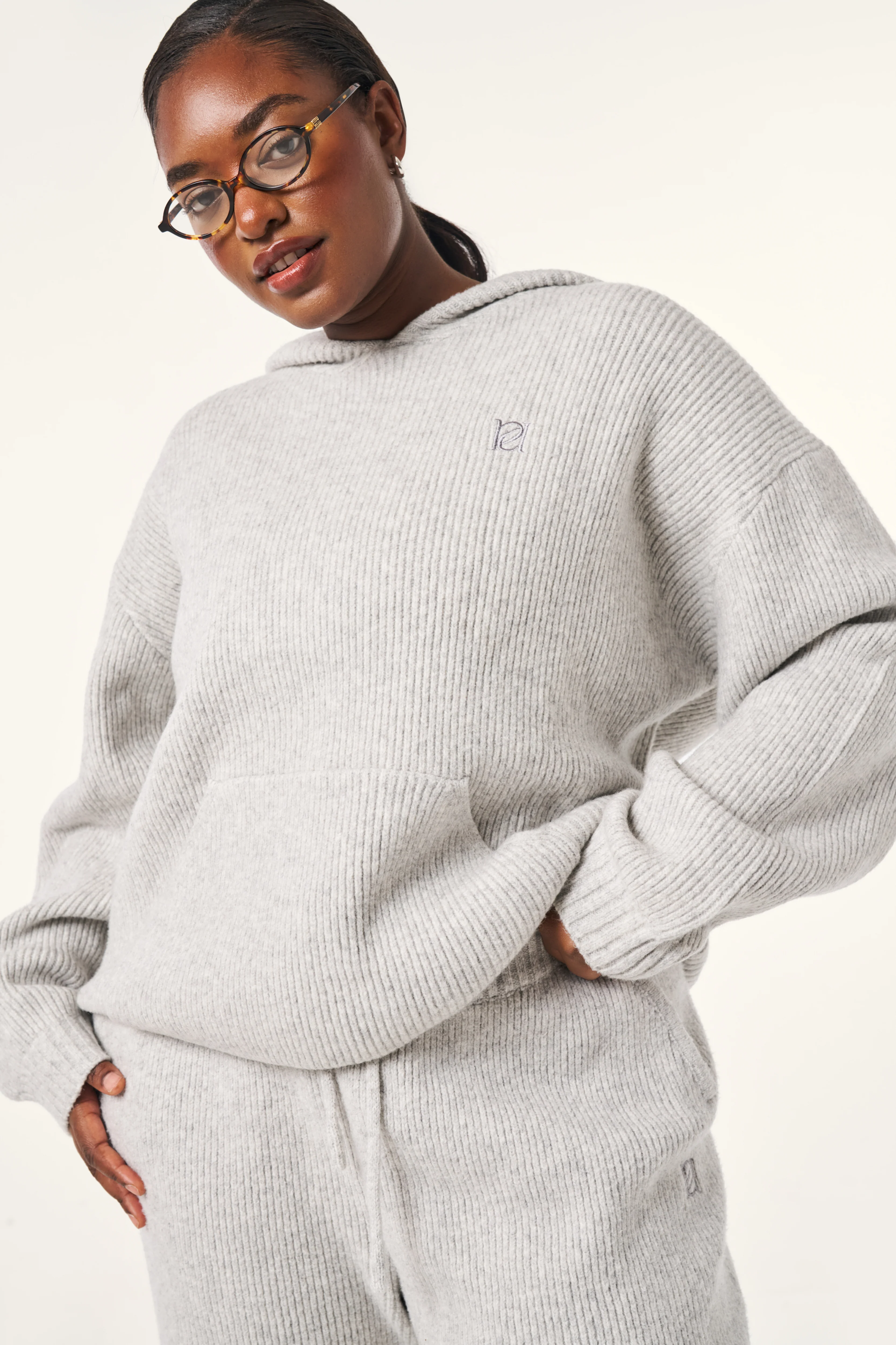 Oversized Premium Knitted Hoodie - Grey Marl - Image 4