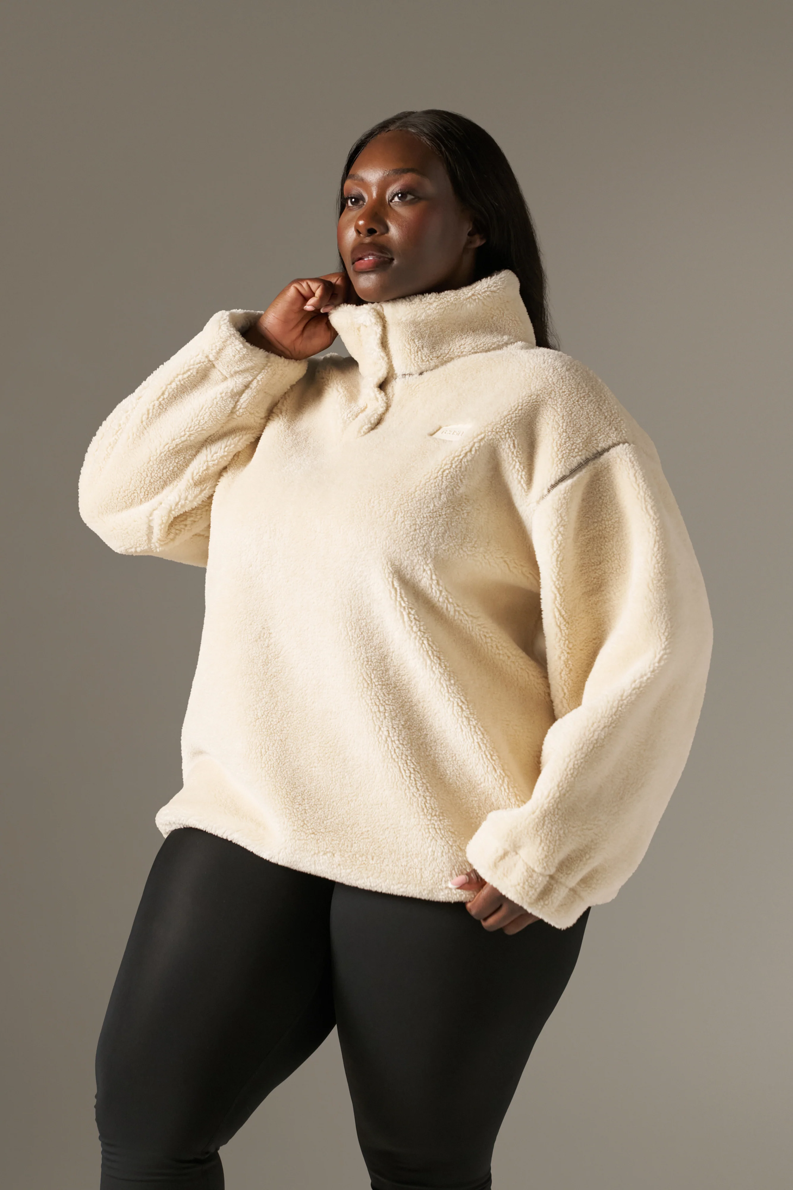Popper Front Borg  Sweatshirt - Crème - Image 6
