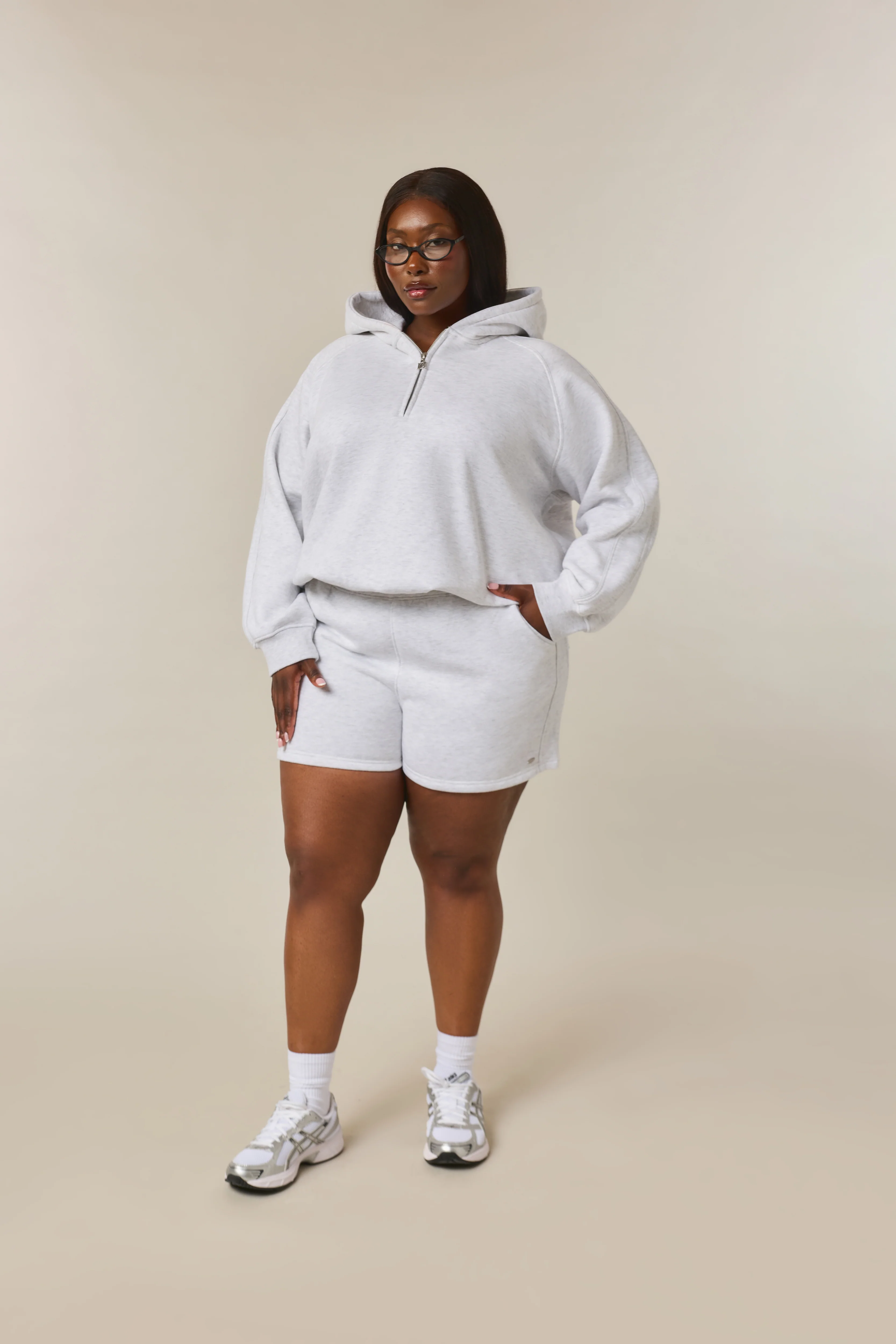 Quarter Zip Hoodie 2-1 Shorts Tracksuit - Grey Marl - Image 10