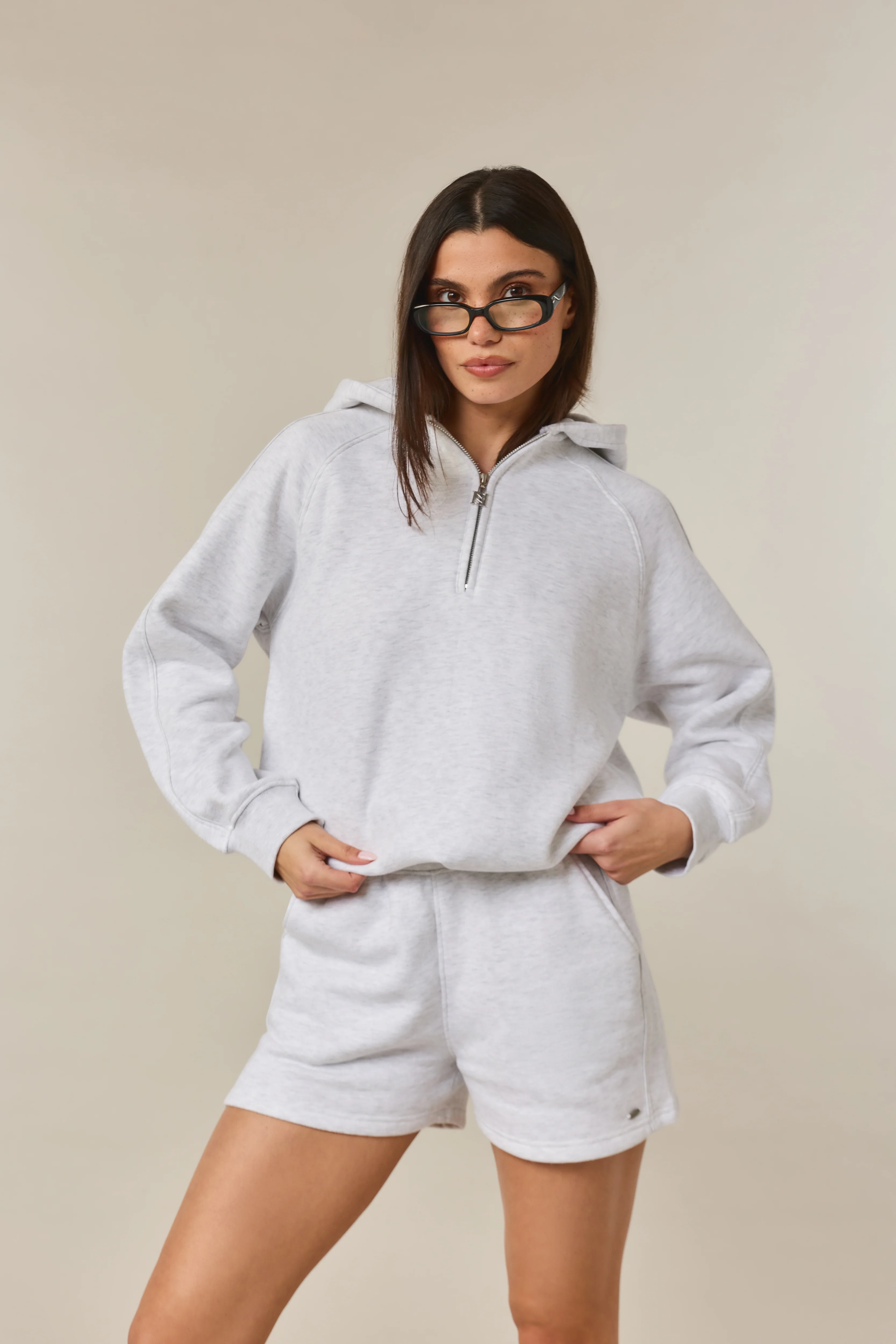 Quarter Zip Hoodie 2-1 Shorts Tracksuit - Grey Marl - Image 3