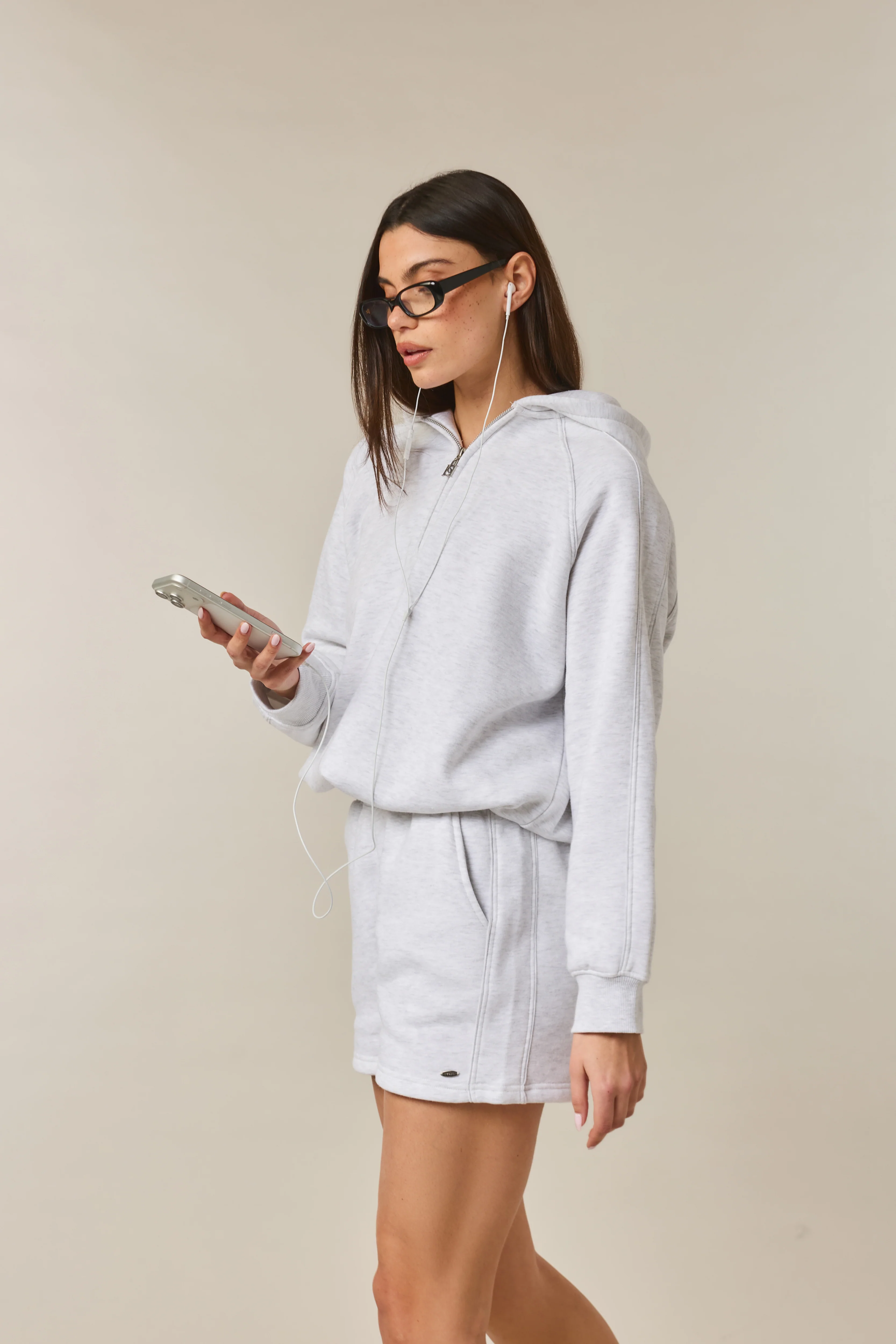 Quarter Zip Hoodie 2-1 Shorts Tracksuit - Grey Marl - Image 4