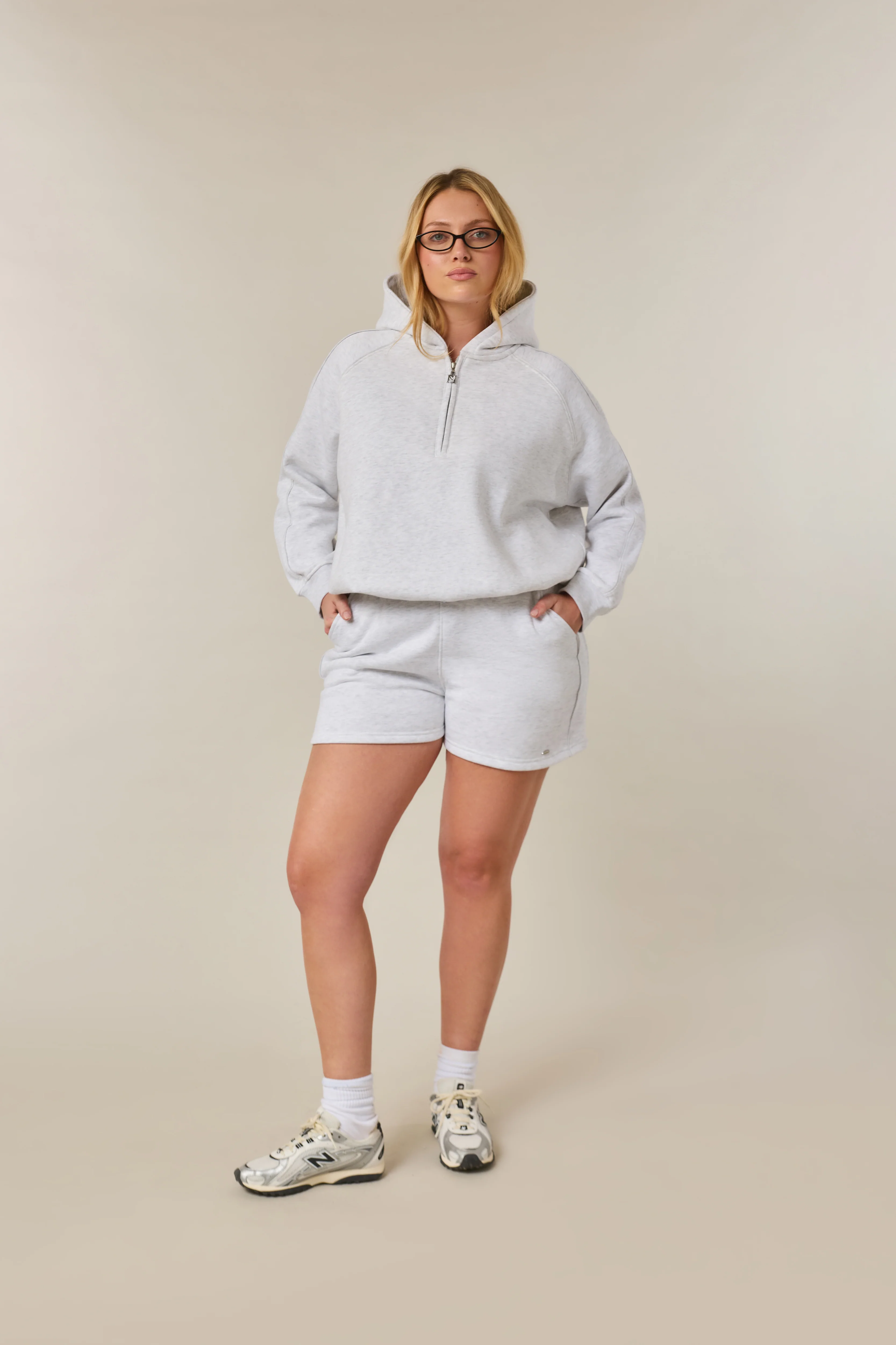 Quarter Zip Hoodie 2-1 Shorts Tracksuit - Grey Marl - Image 8