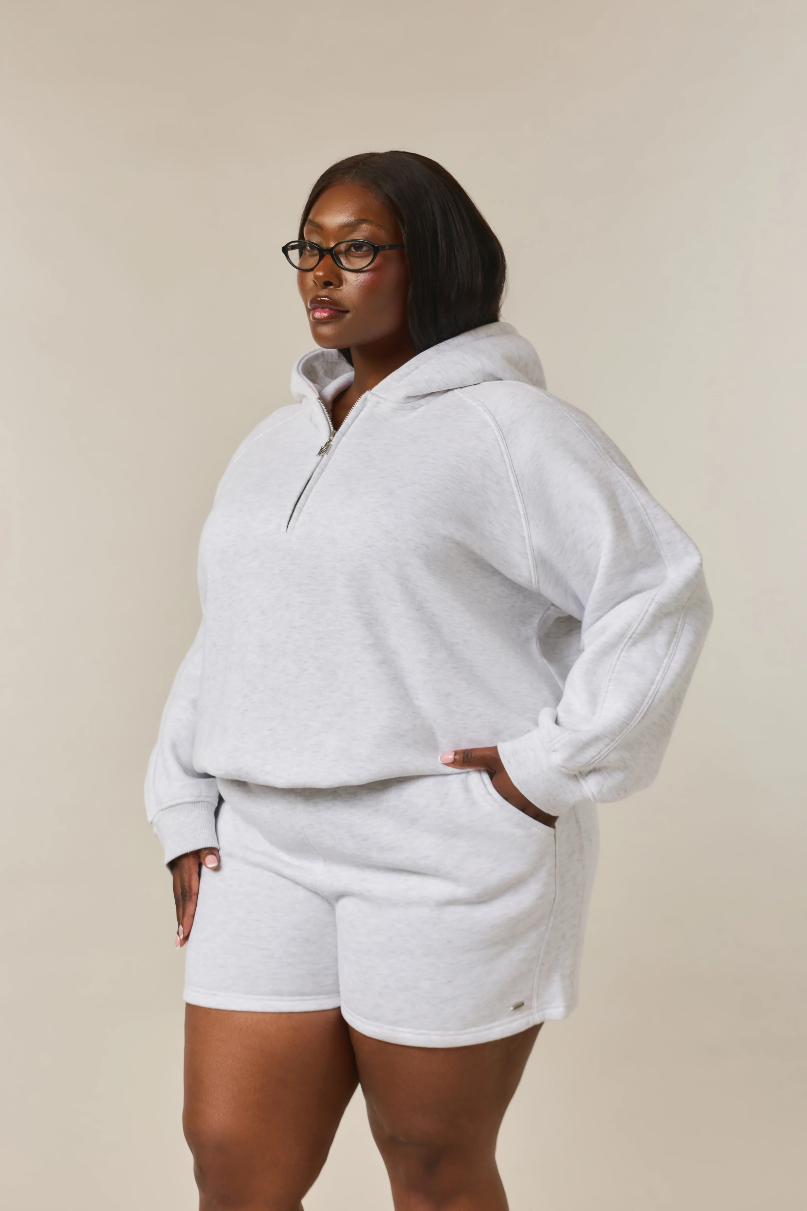 Quarter Zip Hoodie 2-1 Shorts Tracksuit - Grey Marl - Image 9
