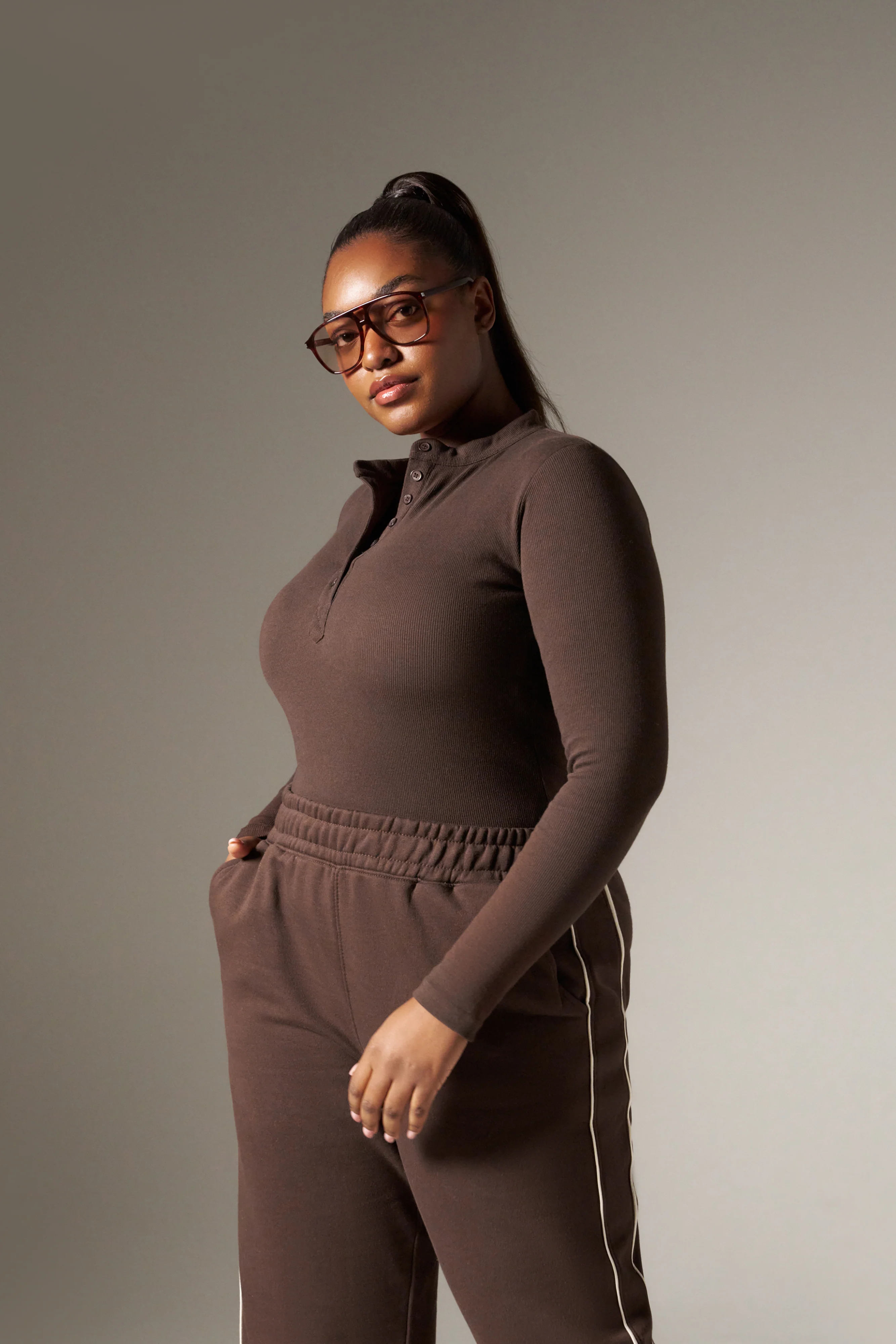 Rib Button Front Built In Bra Bodysuit - Espresso - Image 10
