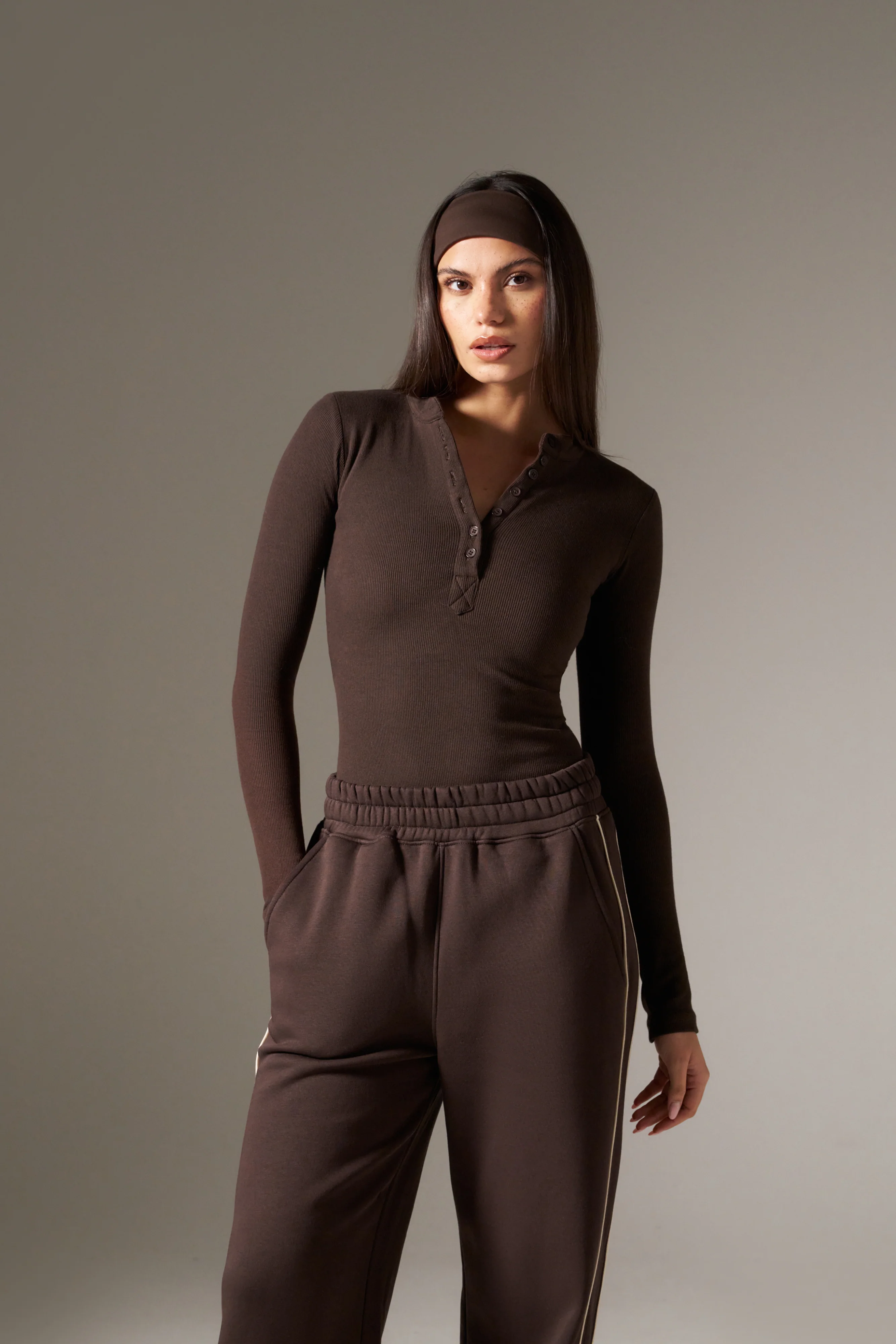 Rib Button Front Built In Bra Bodysuit - Espresso - Image 3