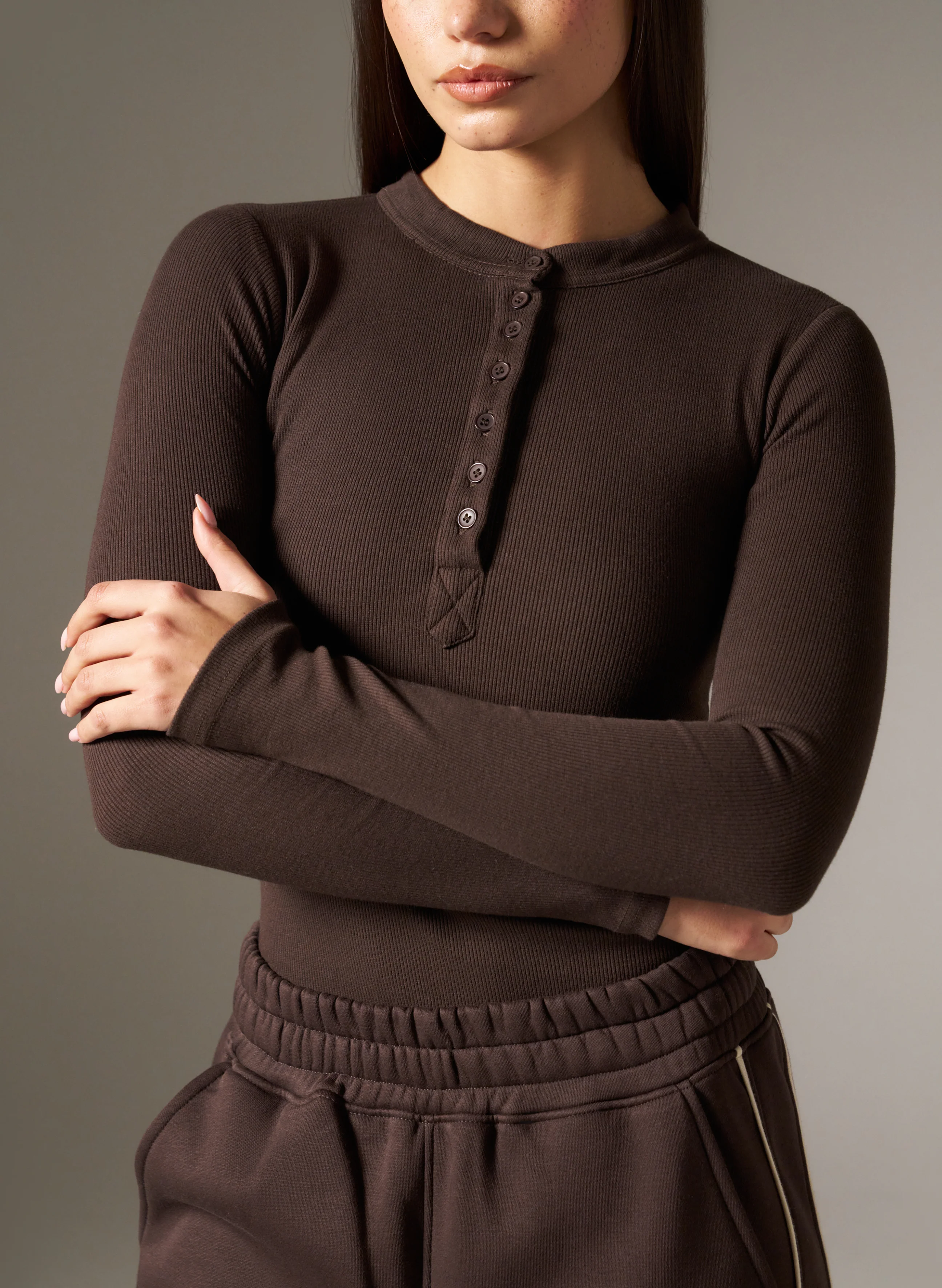 Rib Button Front Built In Bra Bodysuit - Espresso - Image 6