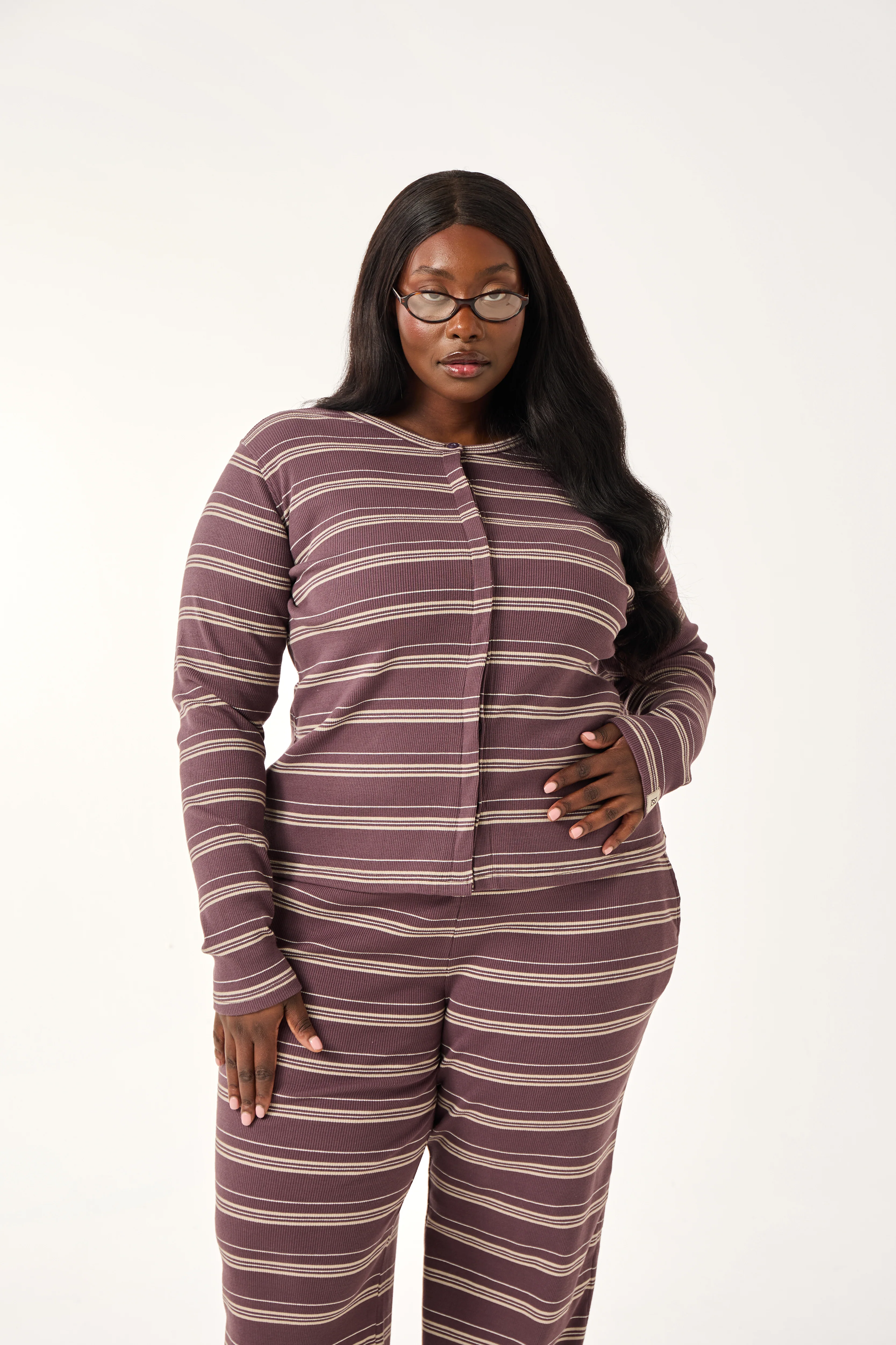 Rib Stripe Button Front Top - Plum Truffle - Image 5