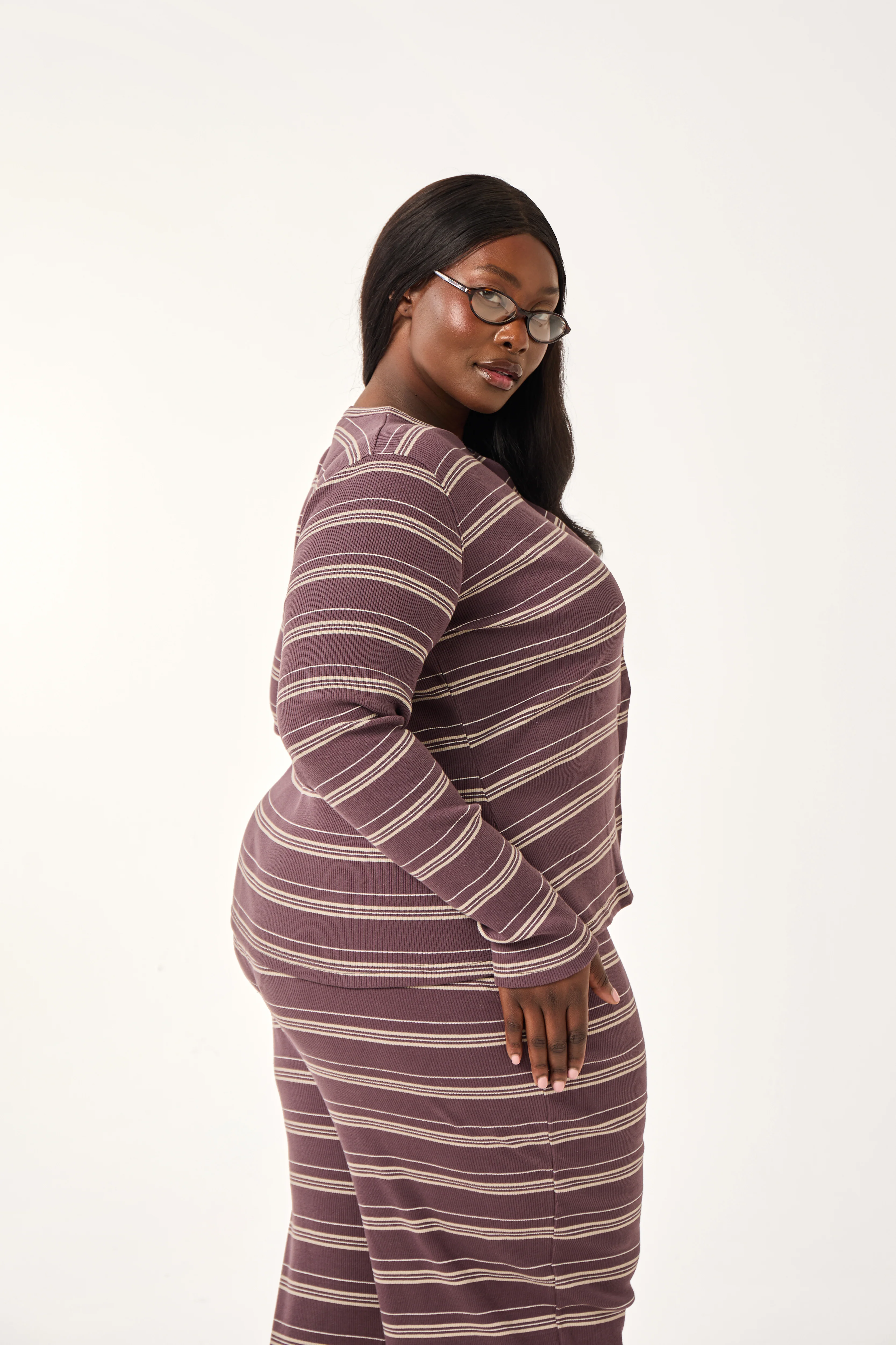 Rib Stripe Button Front Top - Plum Truffle - Image 7