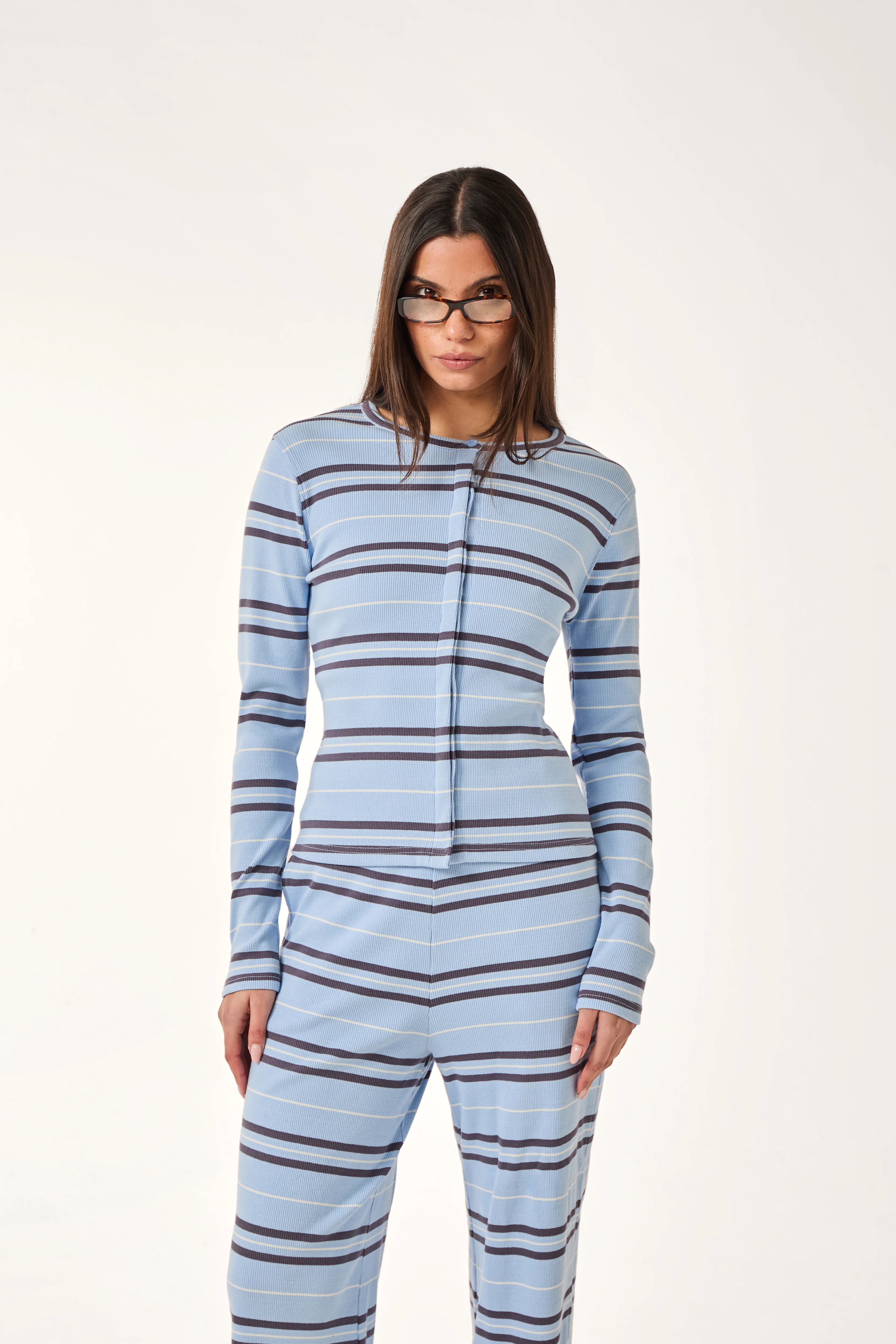 Rib Stripe Button Front Top - Powder Blue - Image 3