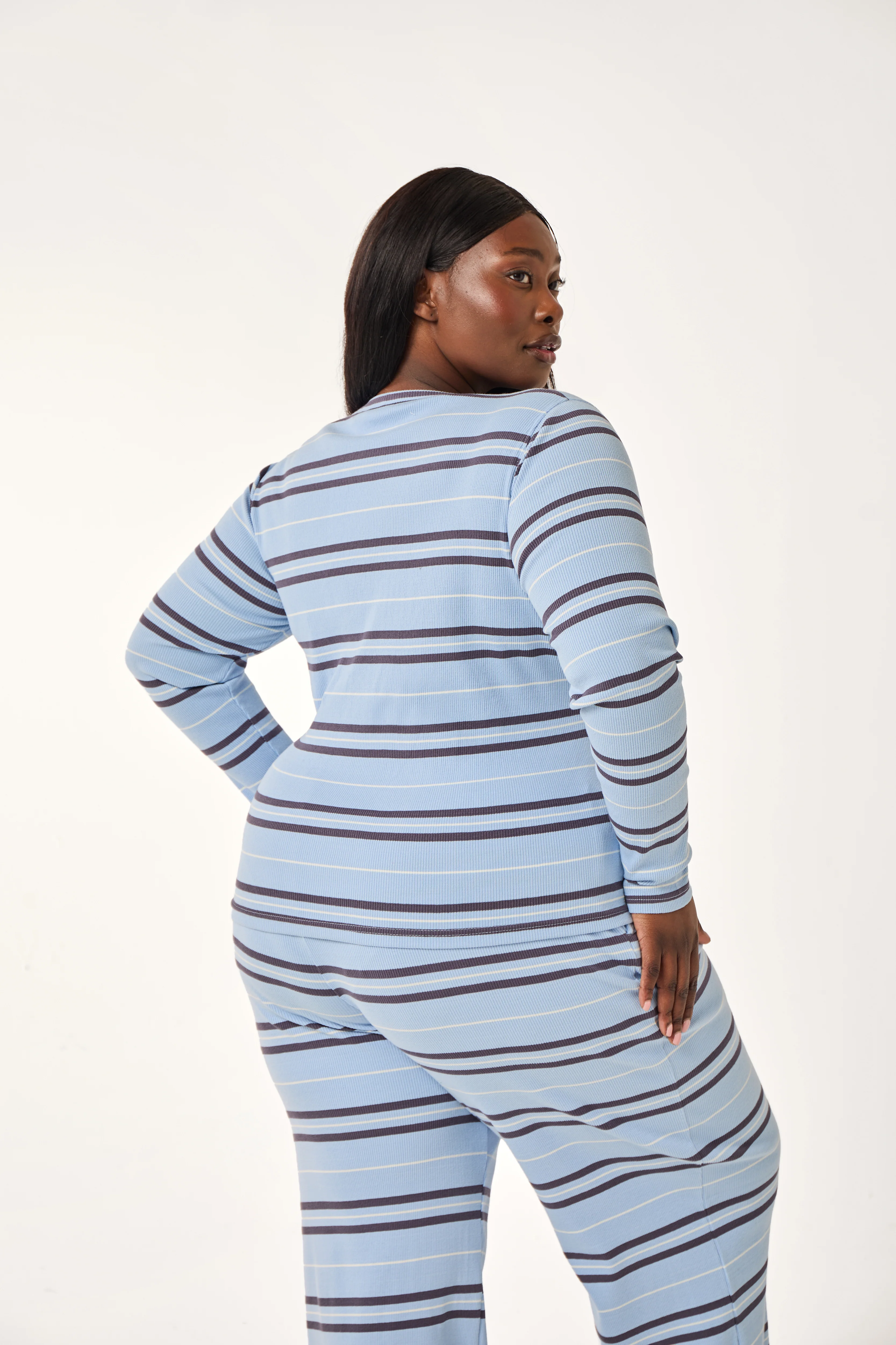 Rib Stripe Button Front Top - Powder Blue - Image 7