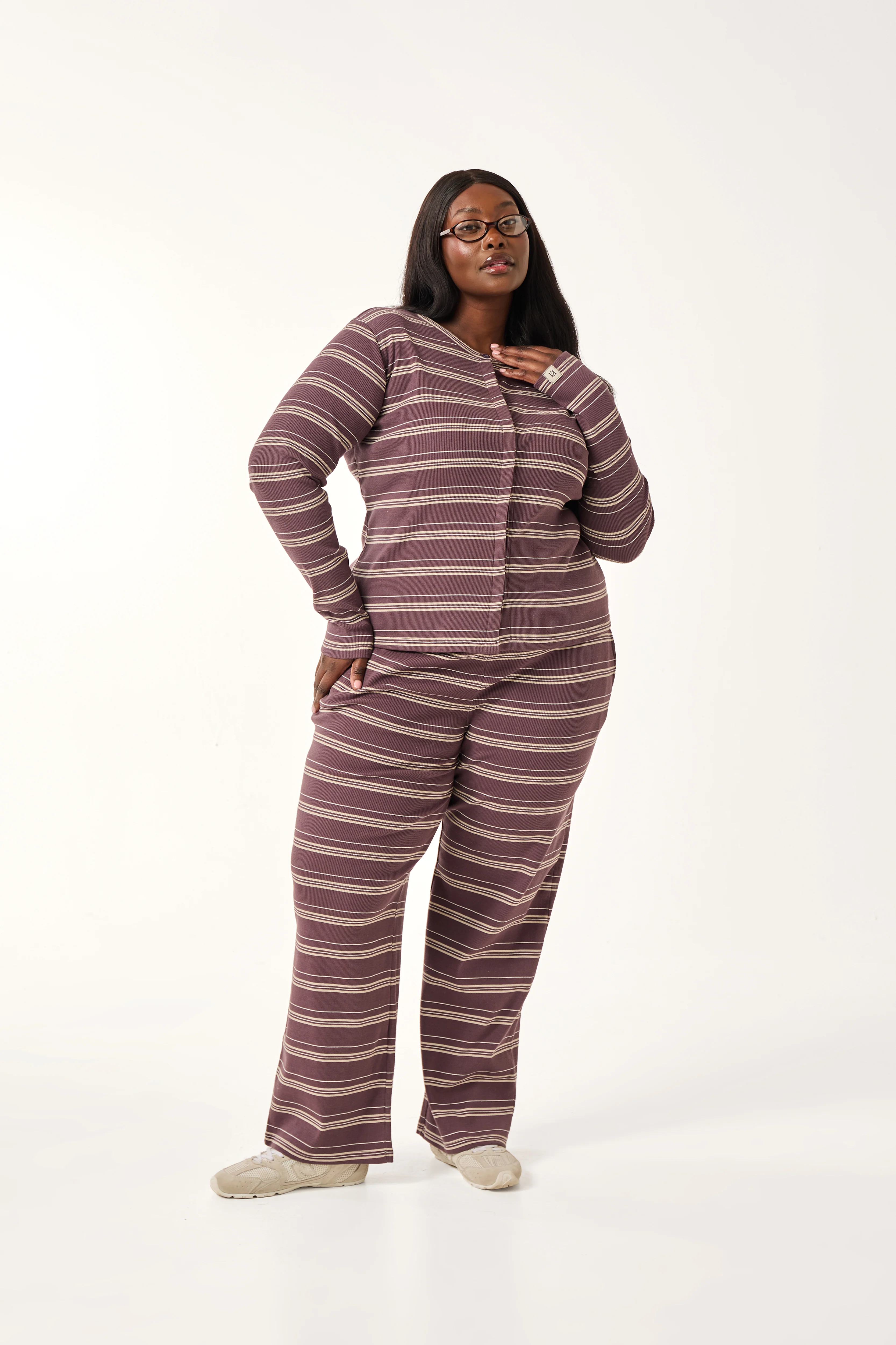 Rib Stripe High Waisted Trousers - Plum Truffle - Image 3