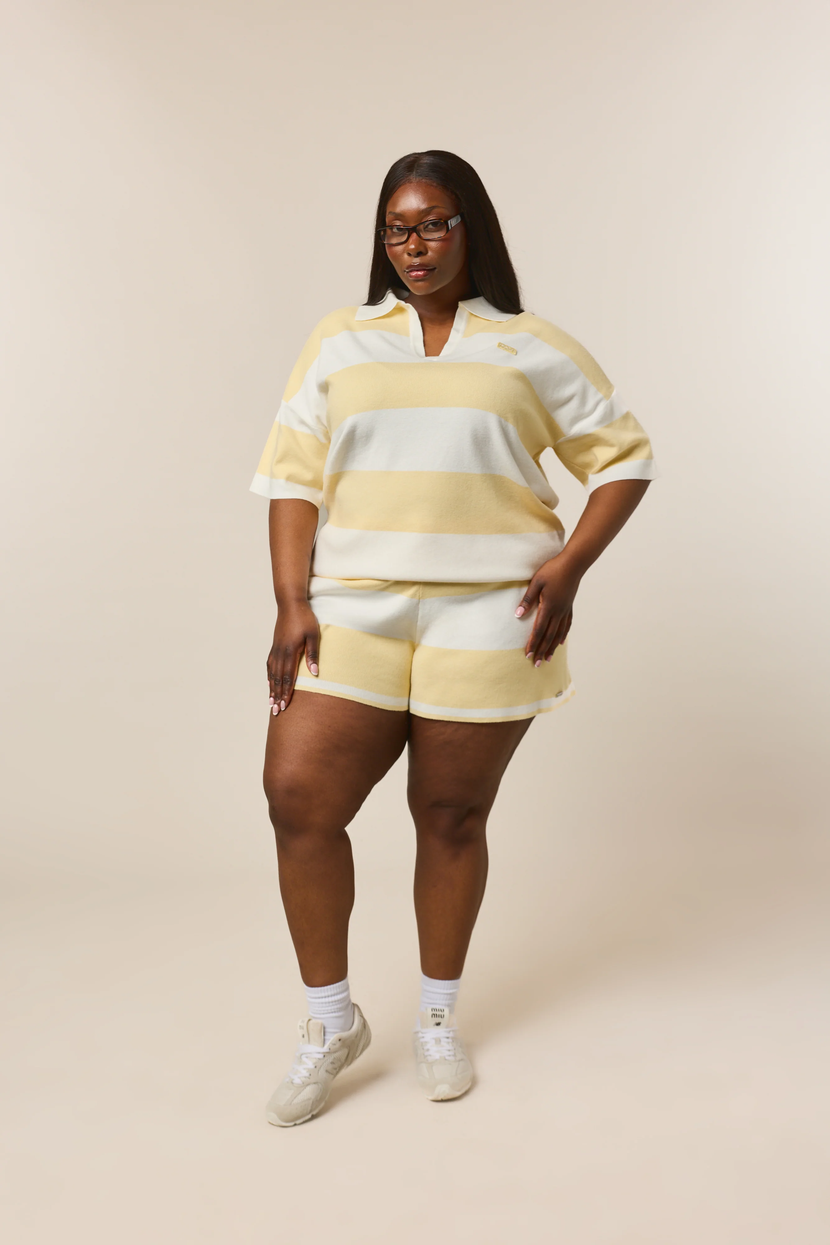 Stripe Knitted Collar Short Sleeve Top - Lemon Sorbet - Image 5