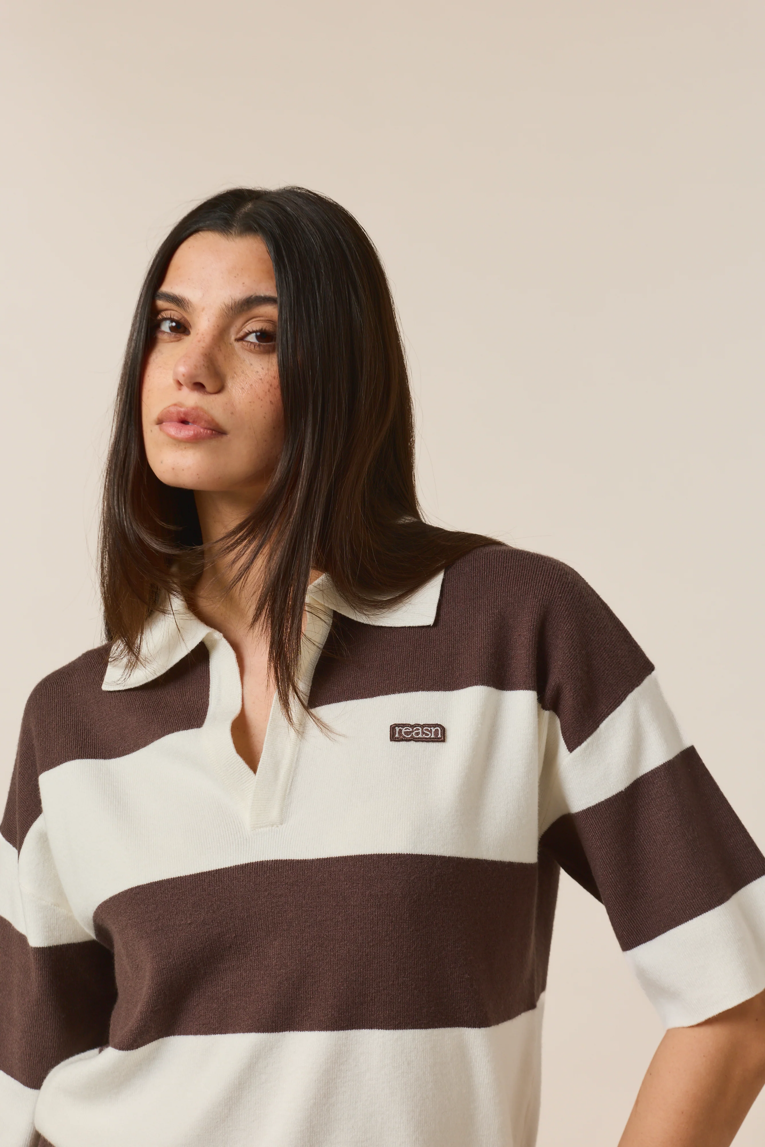 Stripe Knitted Collar Short Sleeve Top - Cocoa - Image 3