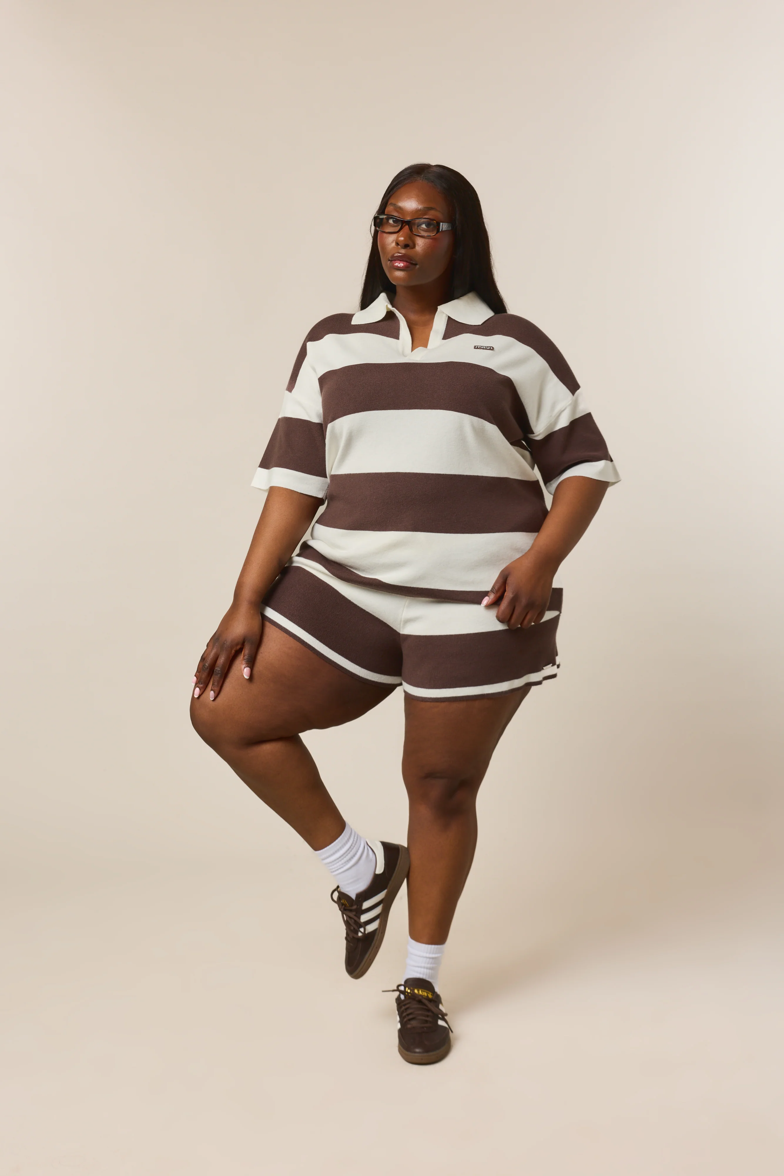 Stripe Knitted Collar Short Sleeve Top - Cocoa - Image 7
