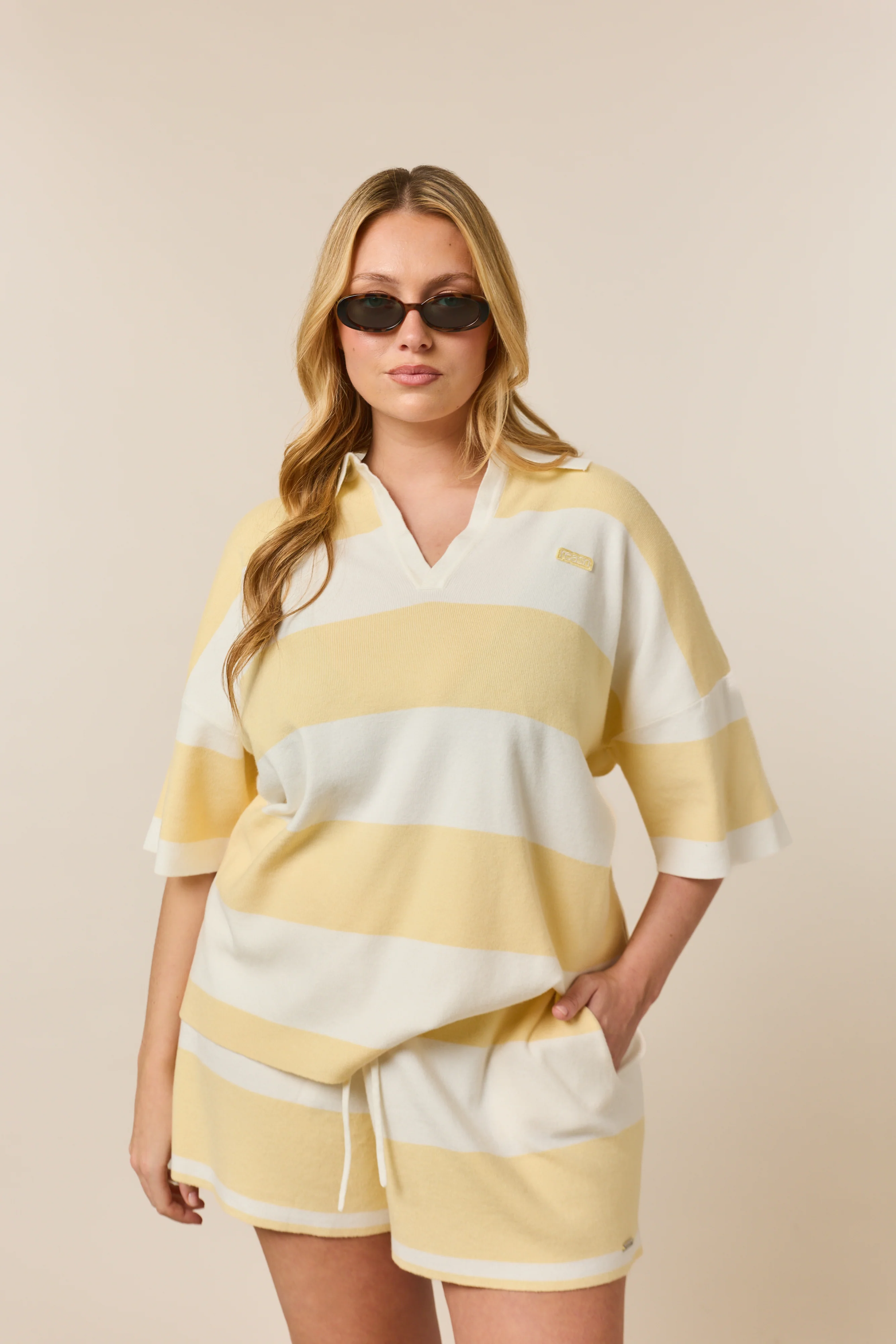 Stripe Knitted Collar Short Sleeve Top - Lemon Sorbet - Image 9