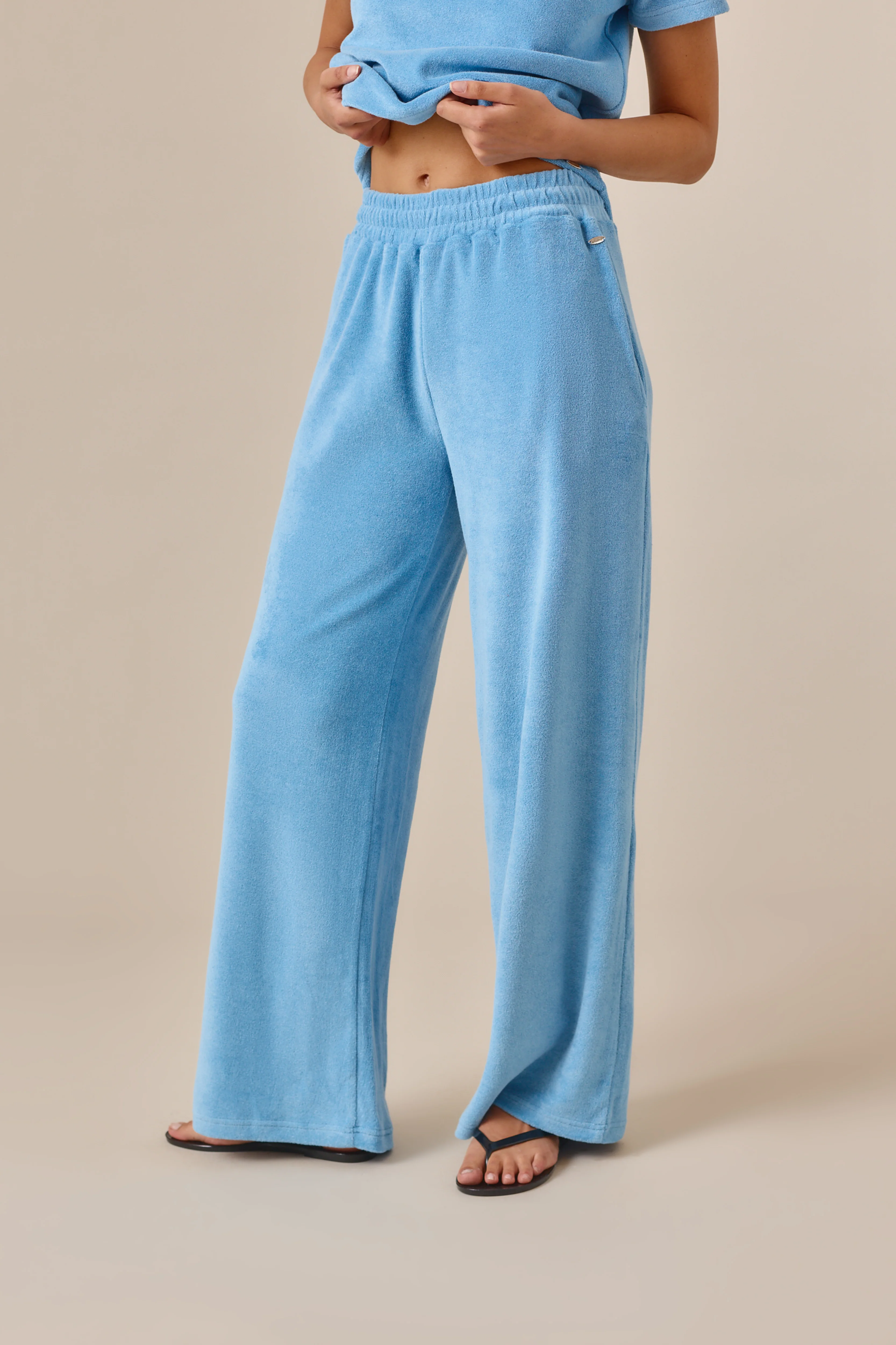 Towelling High Waist Trousers - Aqua - Image 3