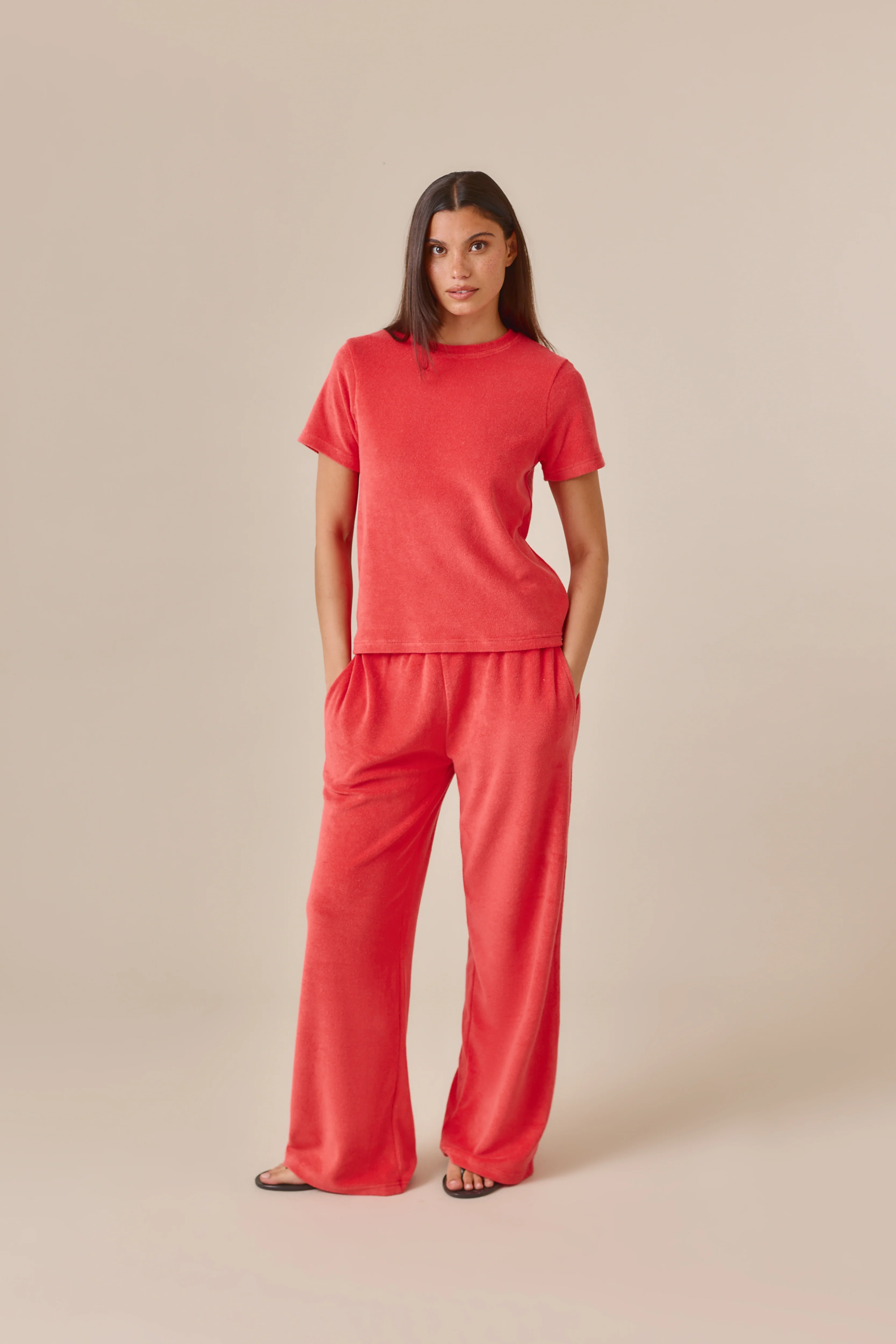 Towelling High Waist Trousers - Coral