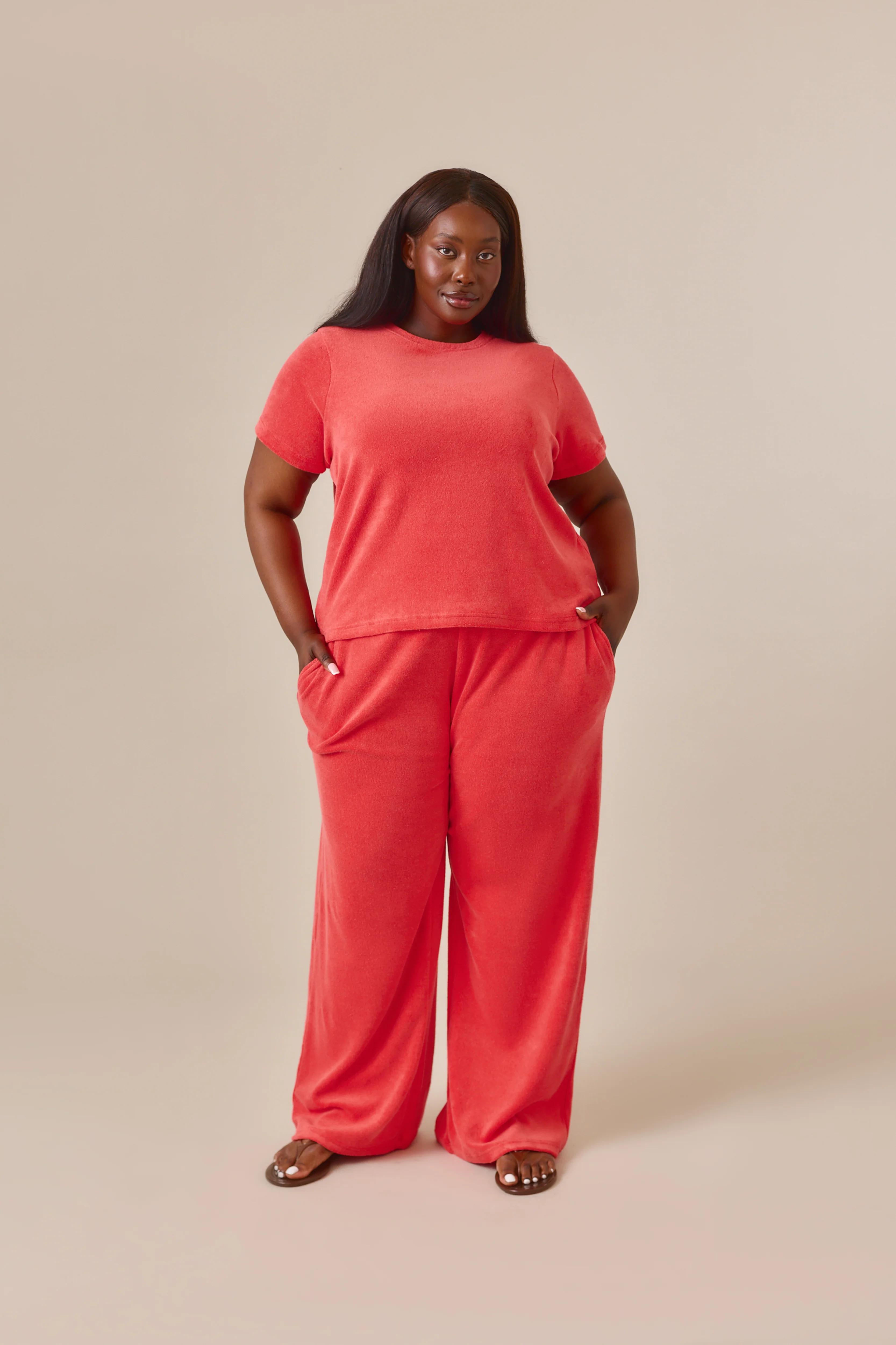 Towelling High Waist Trousers - Coral - Image 6