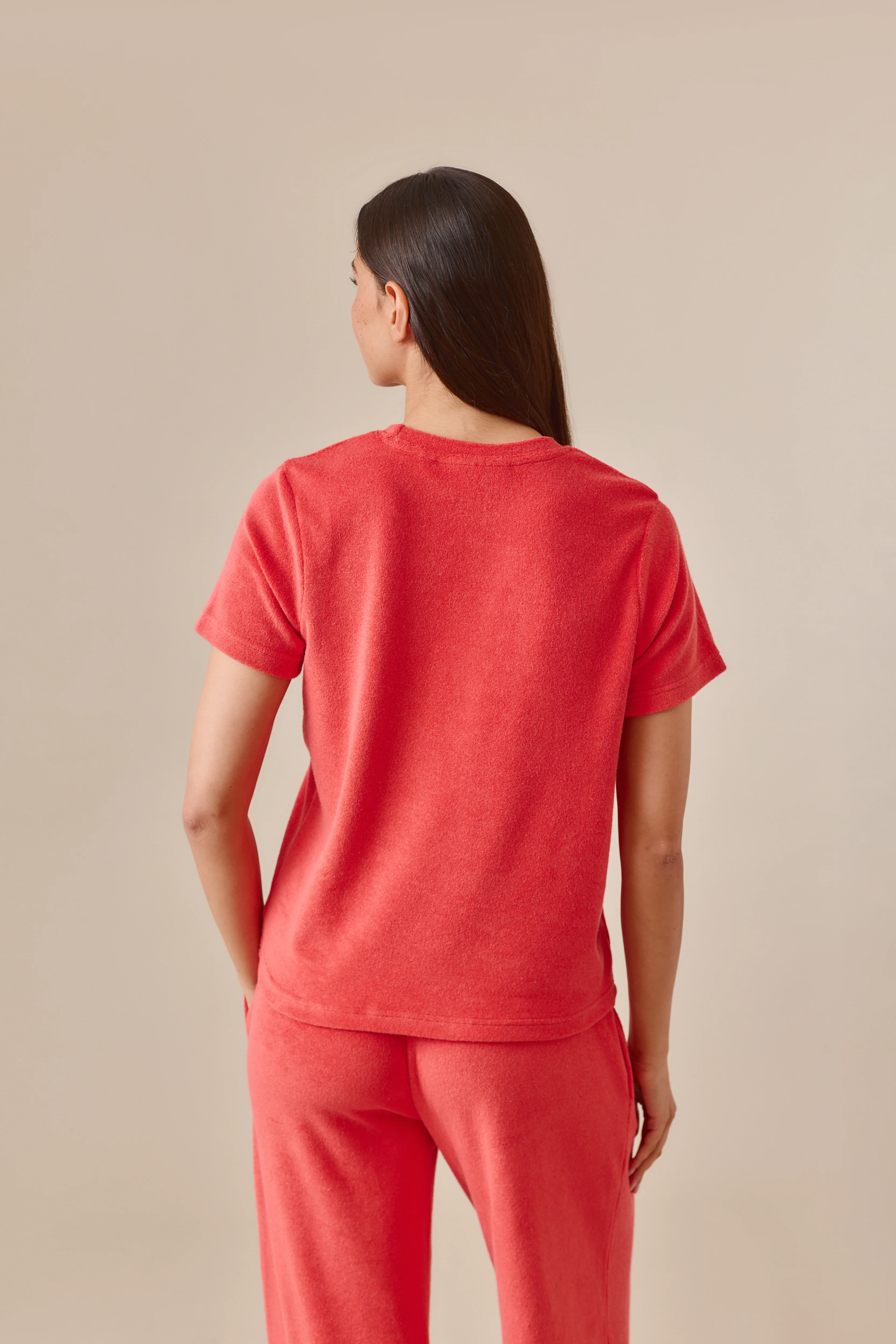 Towelling Short Sleeve T Shirt - Coral - Image 4