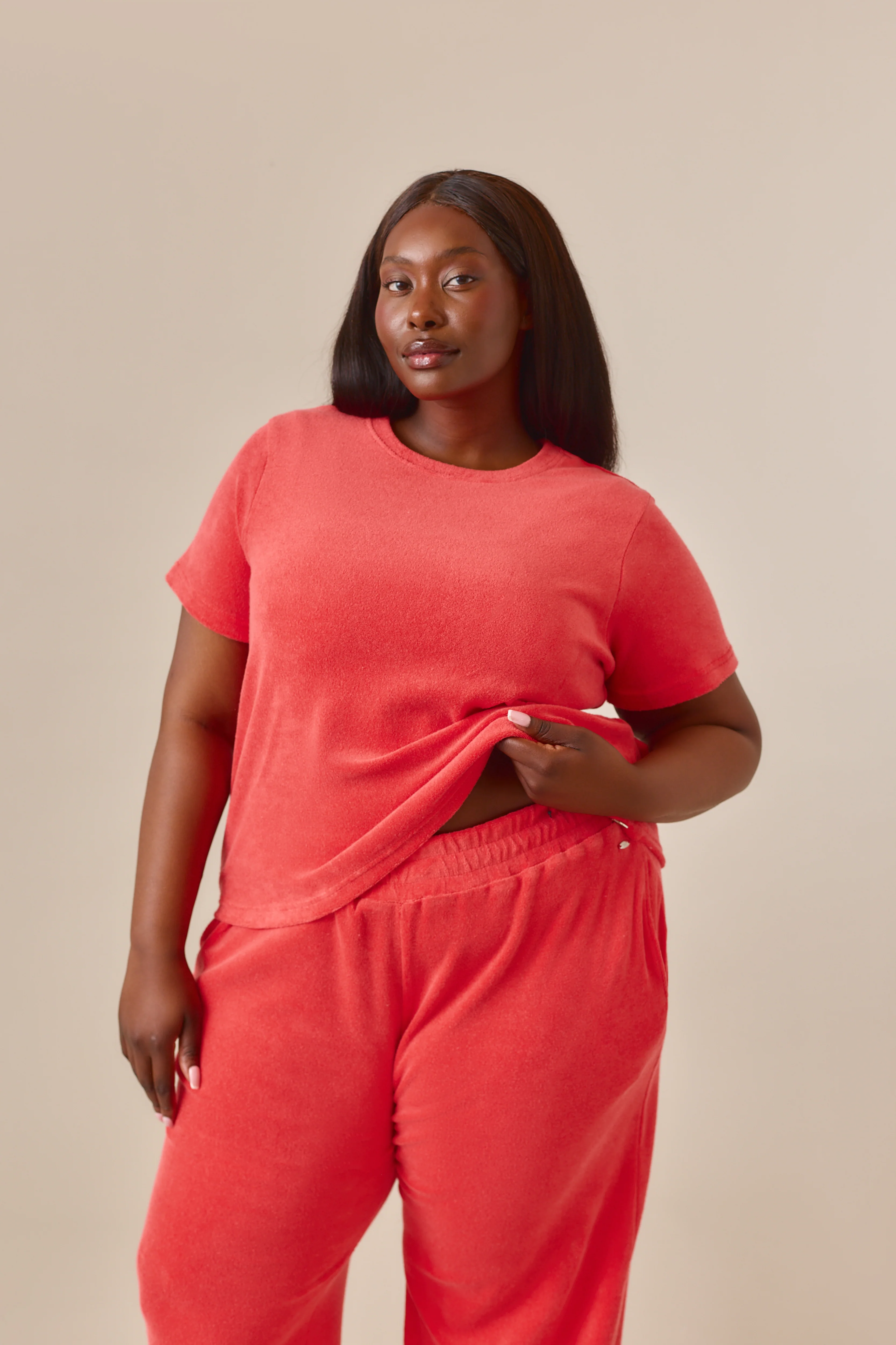 Towelling Short Sleeve T Shirt - Coral - Image 6