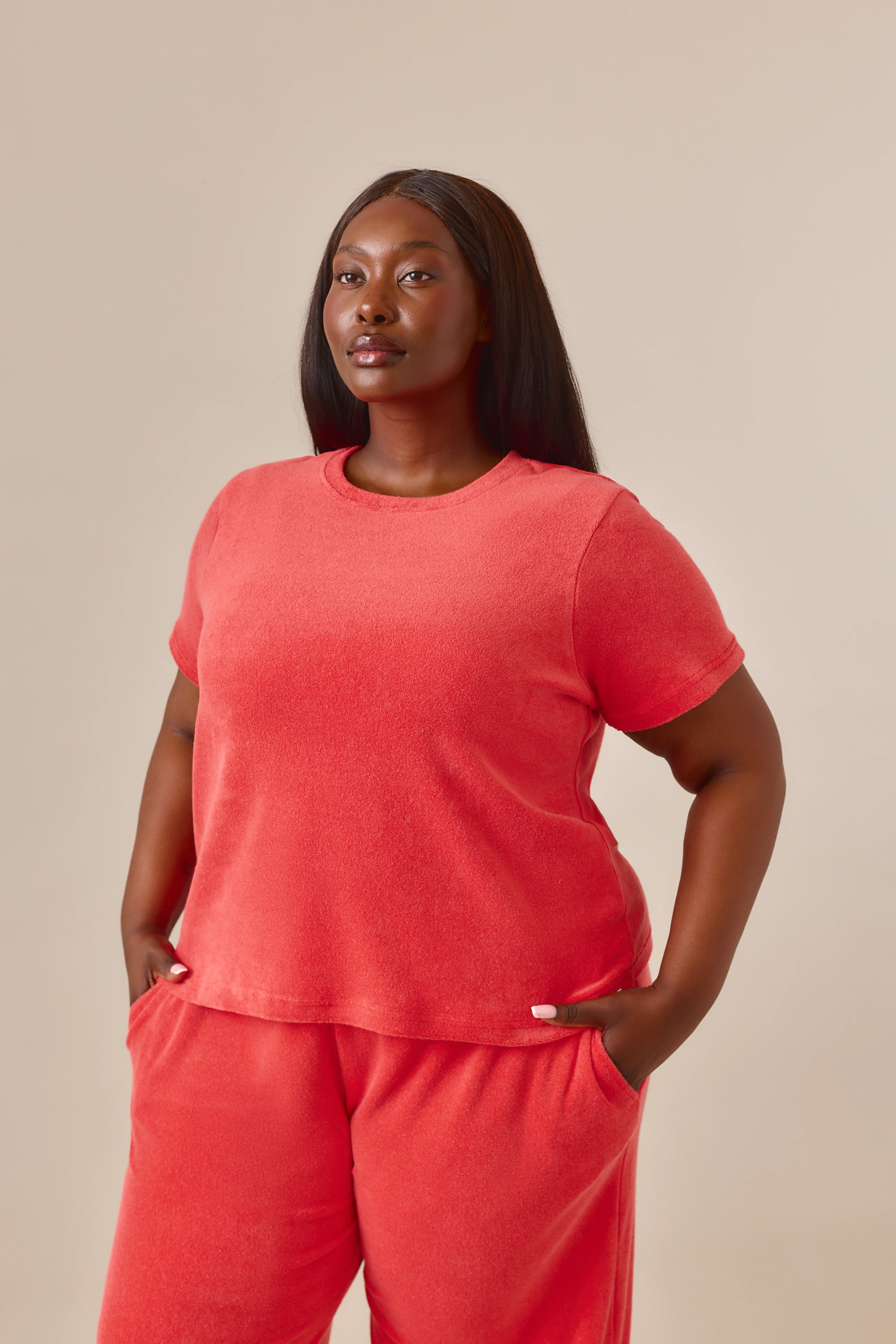 Towelling Short Sleeve T Shirt - Coral - Image 8