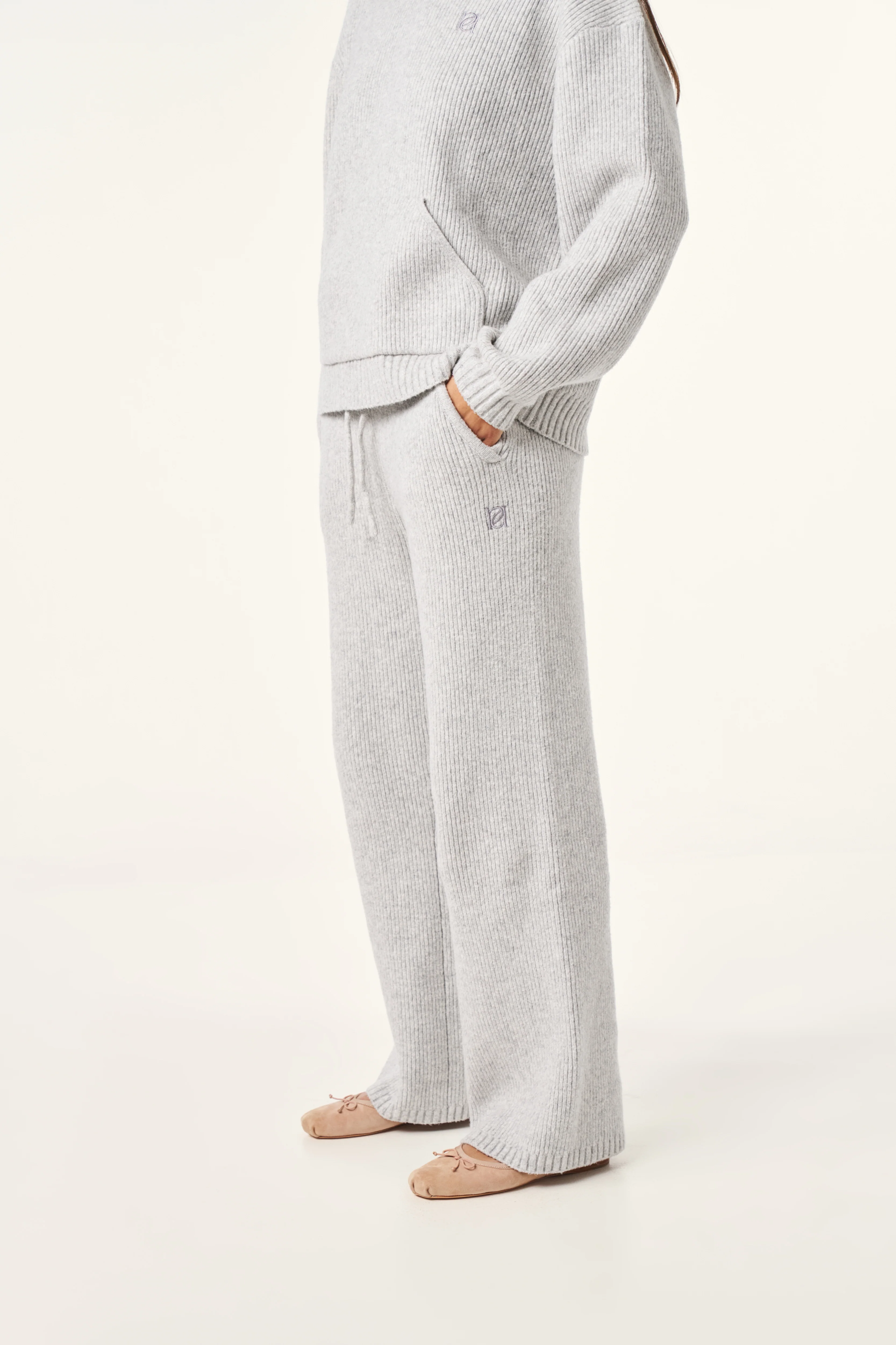 Wide Leg Premium Knitted Trousers - Grey Marl - Image 3