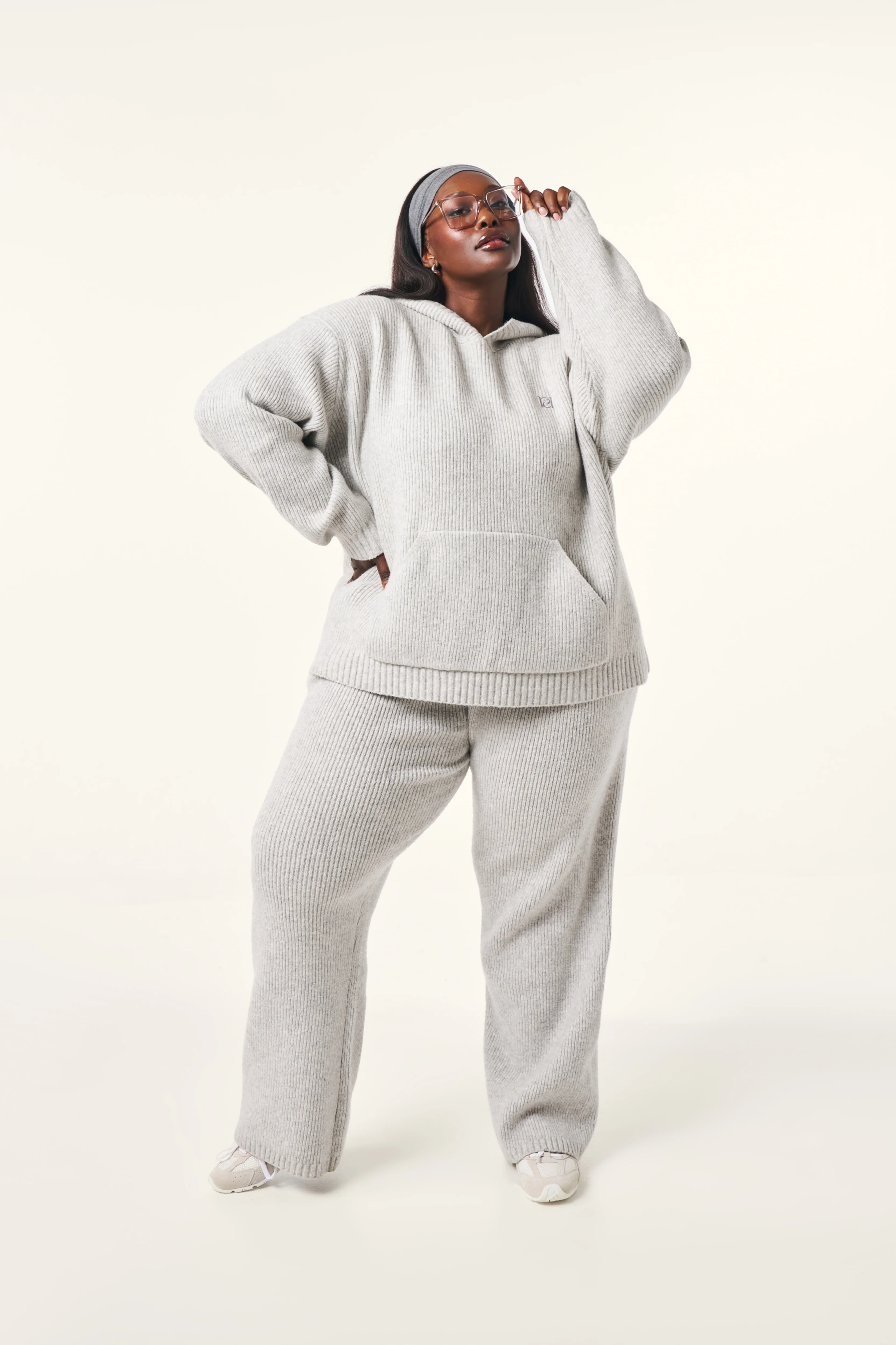 Wide Leg Premium Knitted Trousers - Grey Marl - Image 6