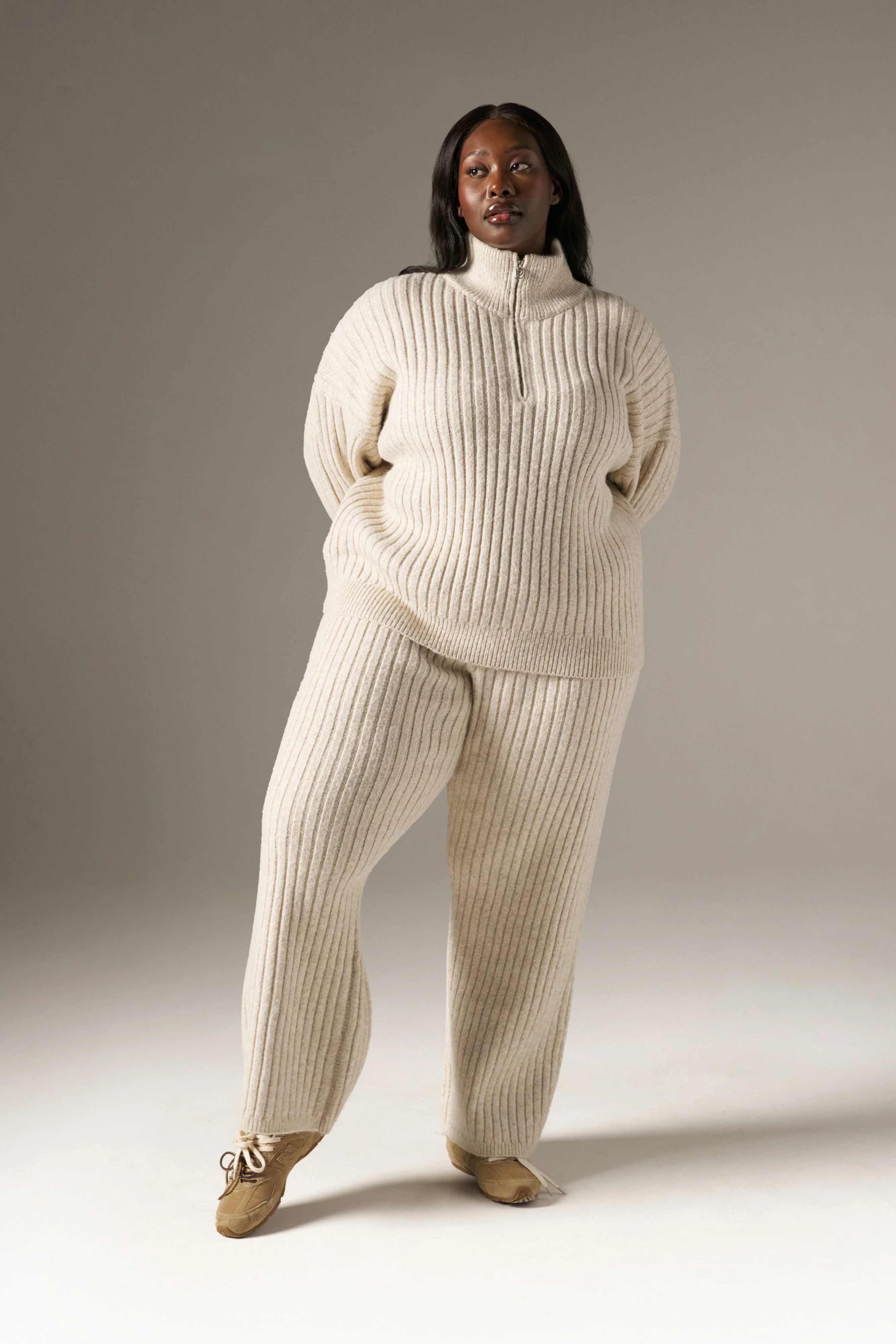 Wide Rib High Waist Knitted Trousers - Oatmeal - Image 3