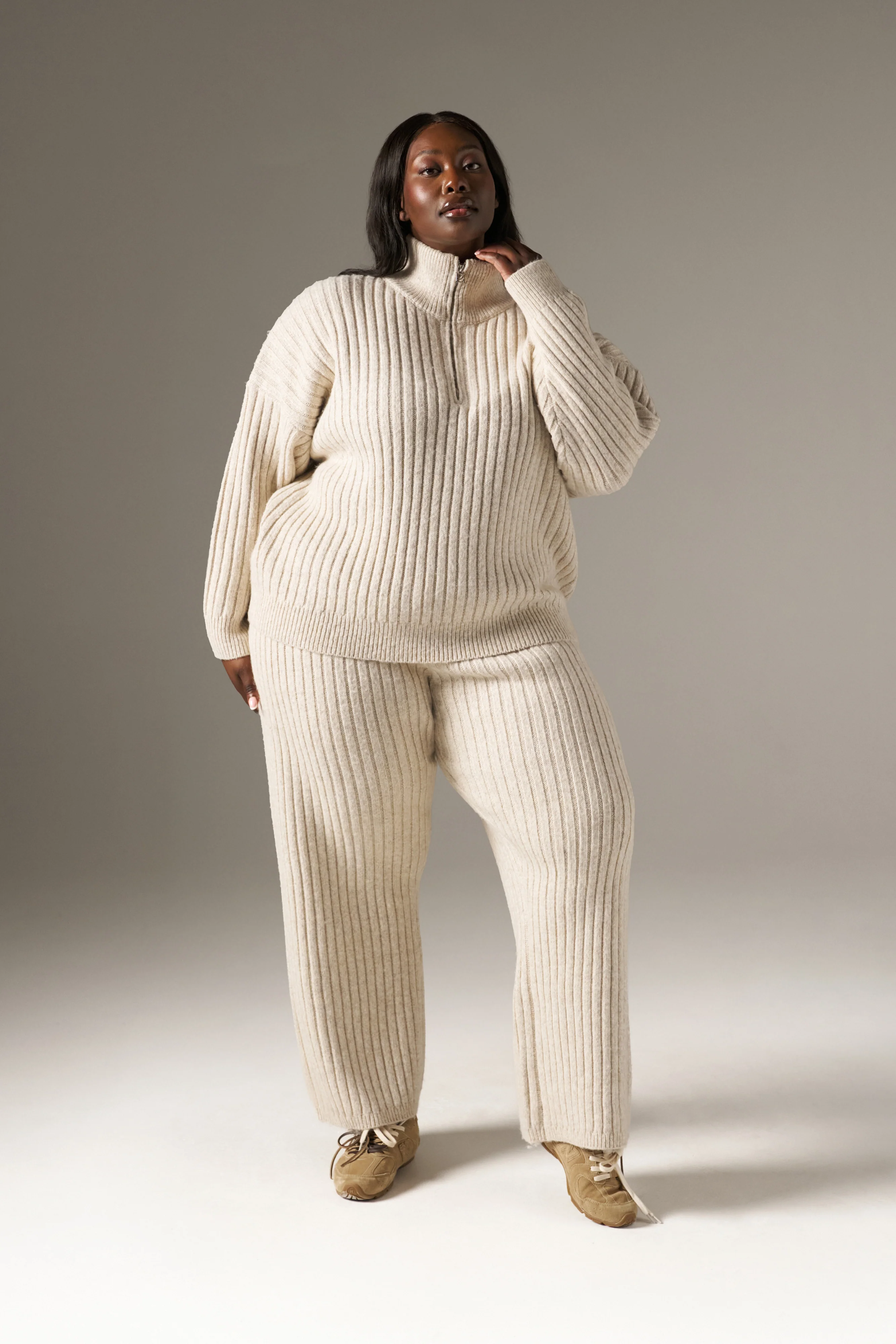 Wide Rib High Waist Knitted Trousers - Oatmeal - Image 4